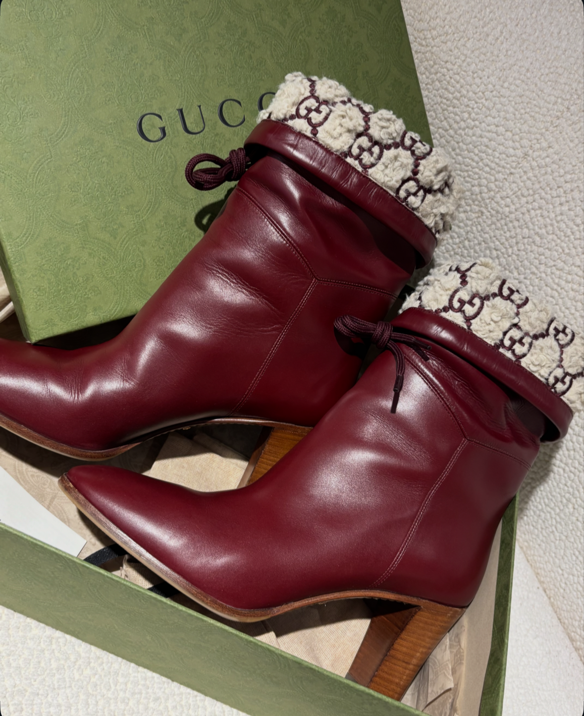 Gucci Boots – Bordeaux Leather & Faux Fur Monogram – EU 41
