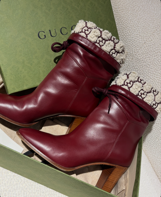 Gucci Boots – Bordeaux Leather & Faux Fur Monogram – EU 41