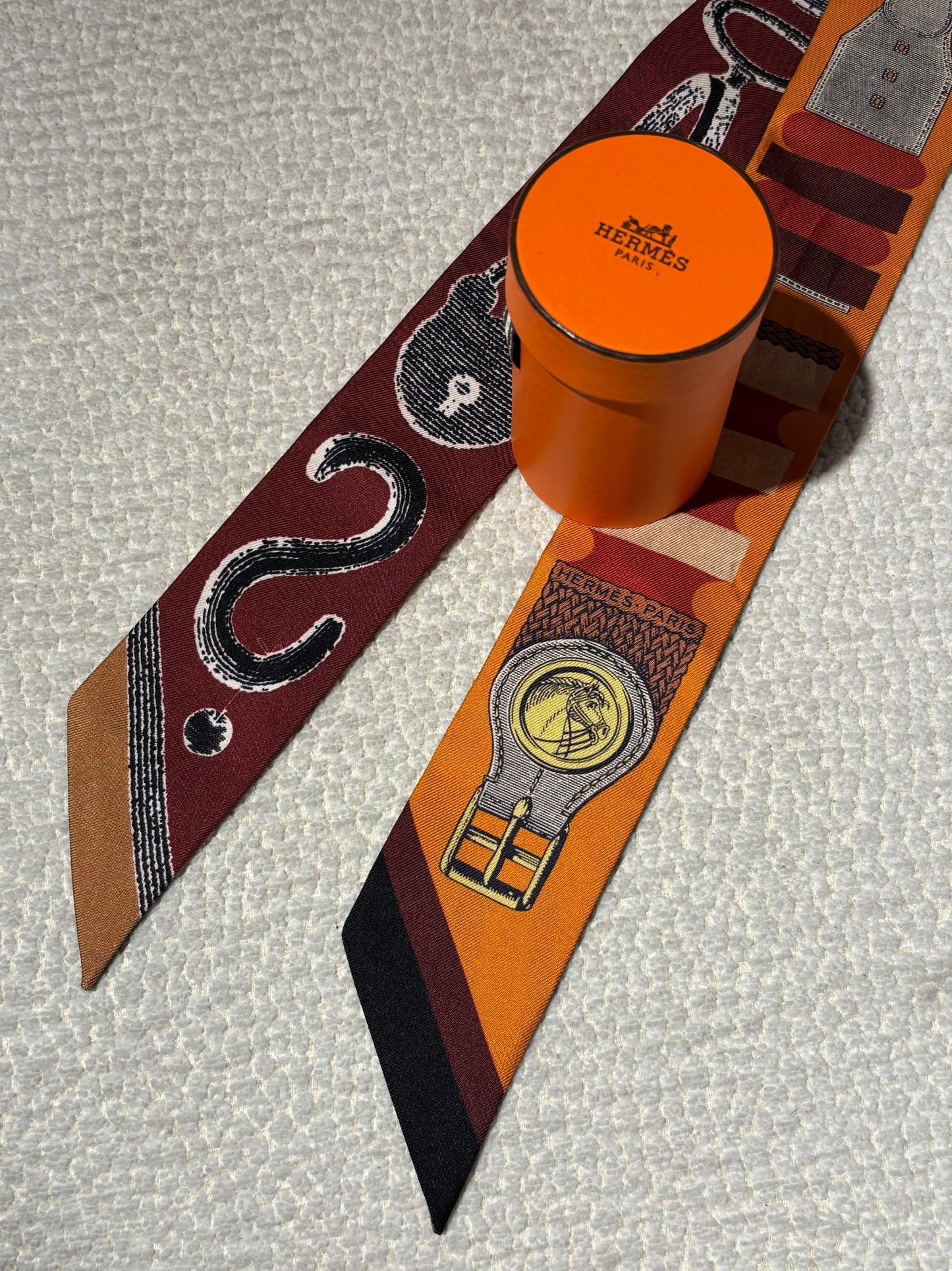Hermés Silk Twilly - Burgundy & Orange with Horse Motif