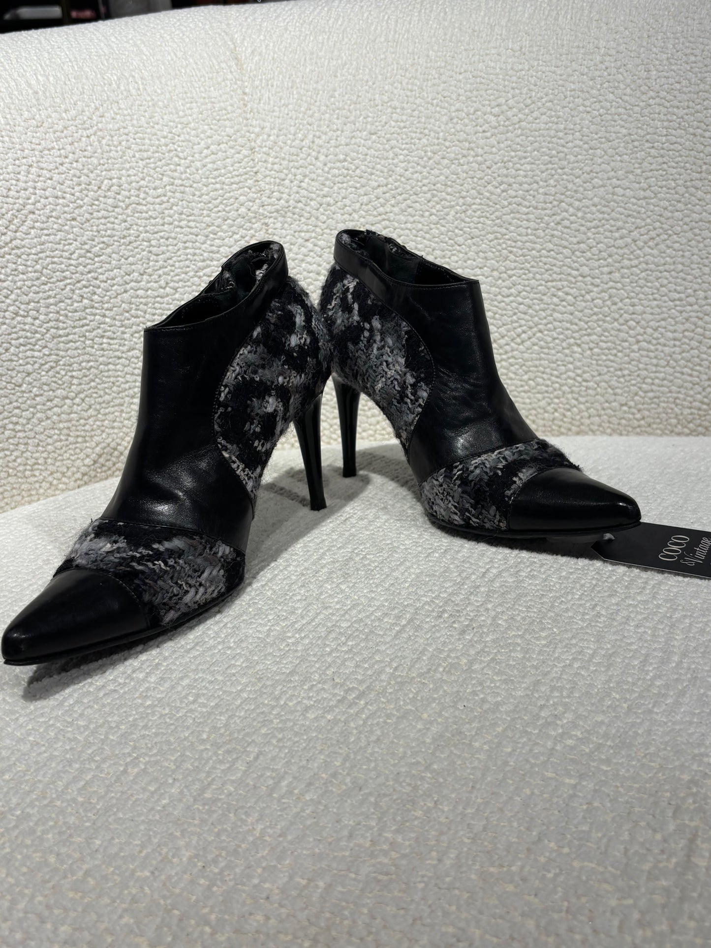 Chanel Ankle Boots – Lambskin & Camelia Bouclé in Black & Grey Mix - EU 38