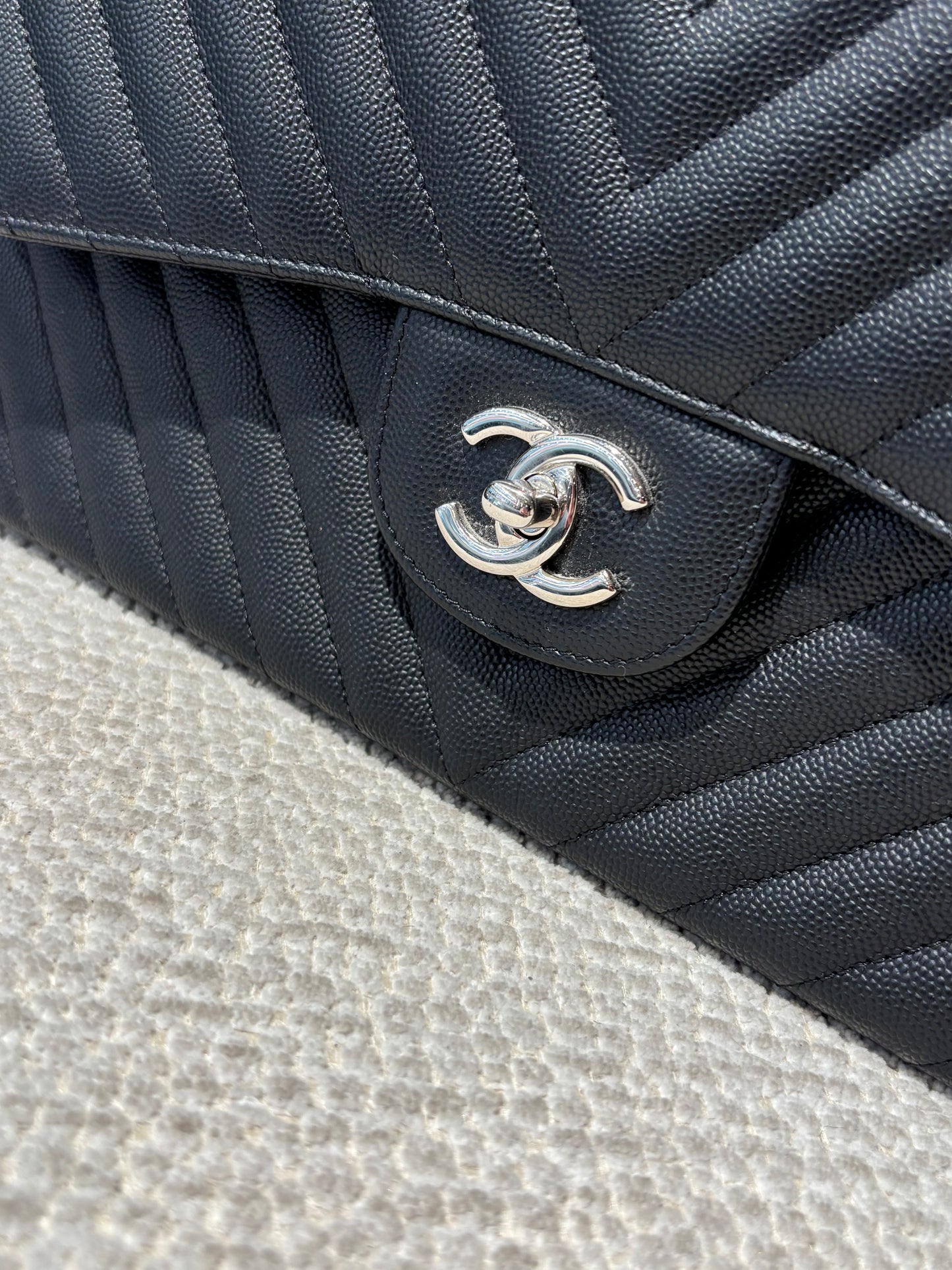 Chanel Classic Flap Bag Chevron - Jumbo - Black Caviar & Silver Hardware