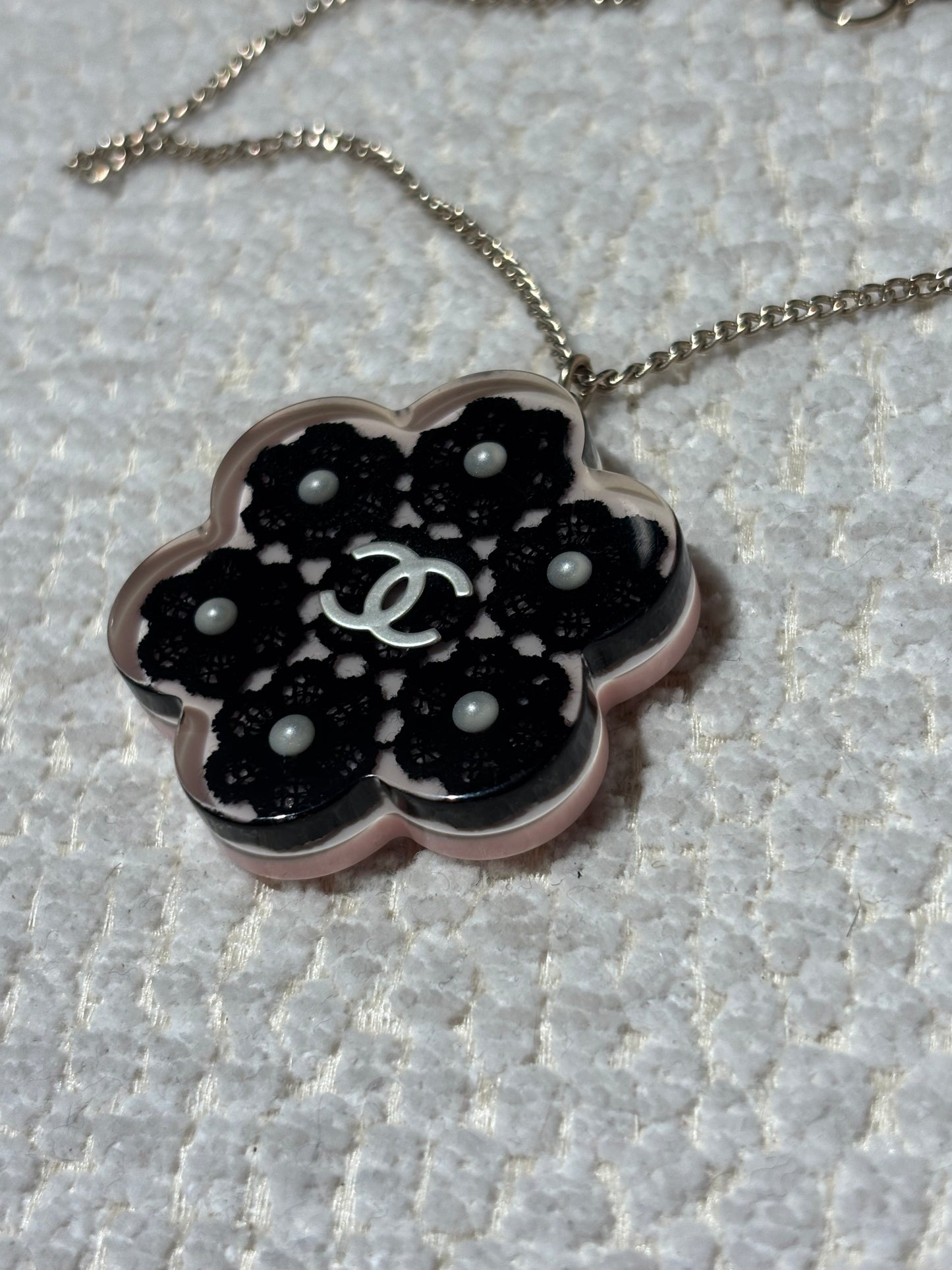 Chanel Camelia Necklace – Soft Pink Resin with Pearl Details