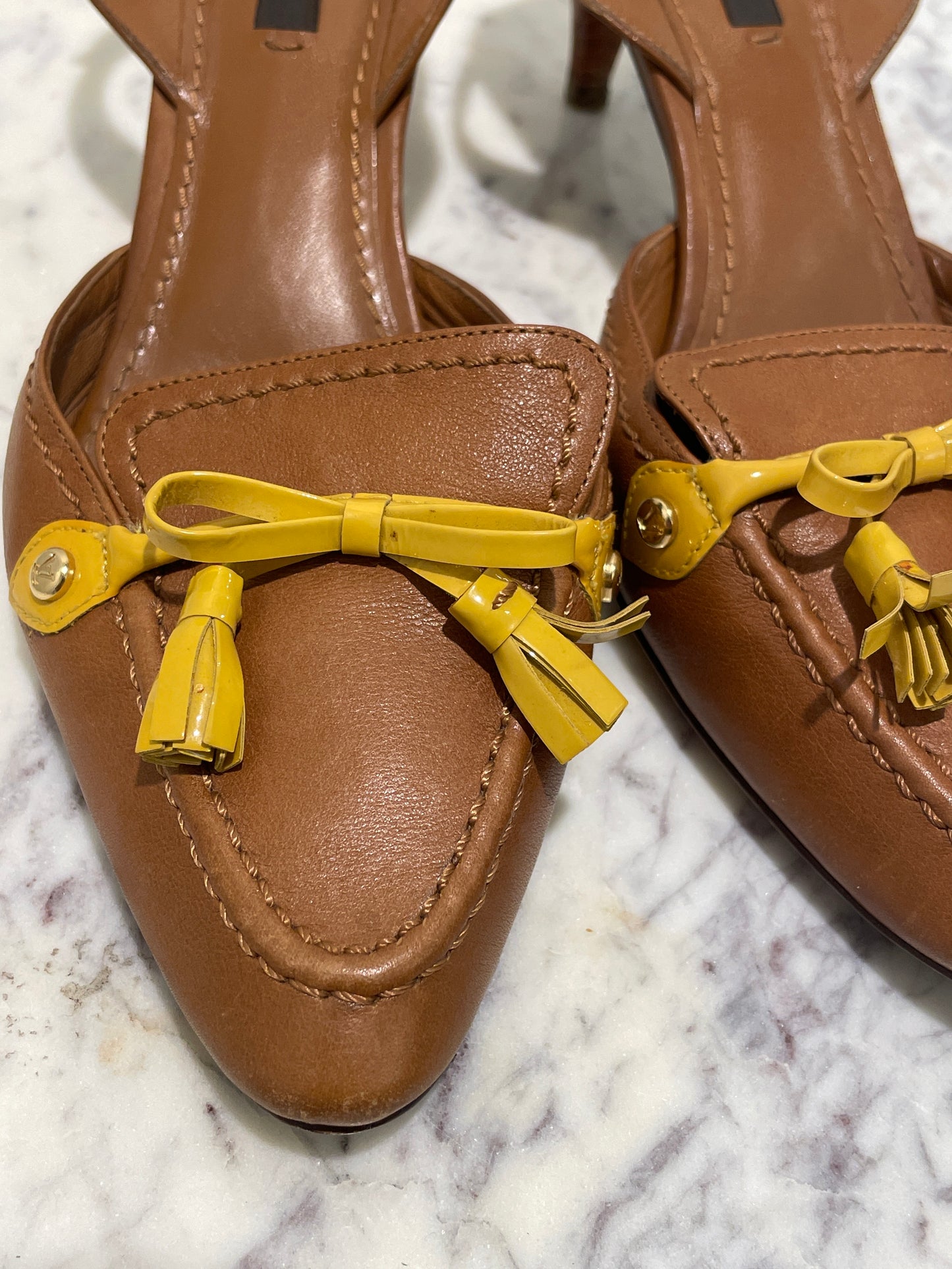 Louis Vuitton Tan Leather Pointed-Toe Slingback Heels with Yellow Tassel Bow - 37