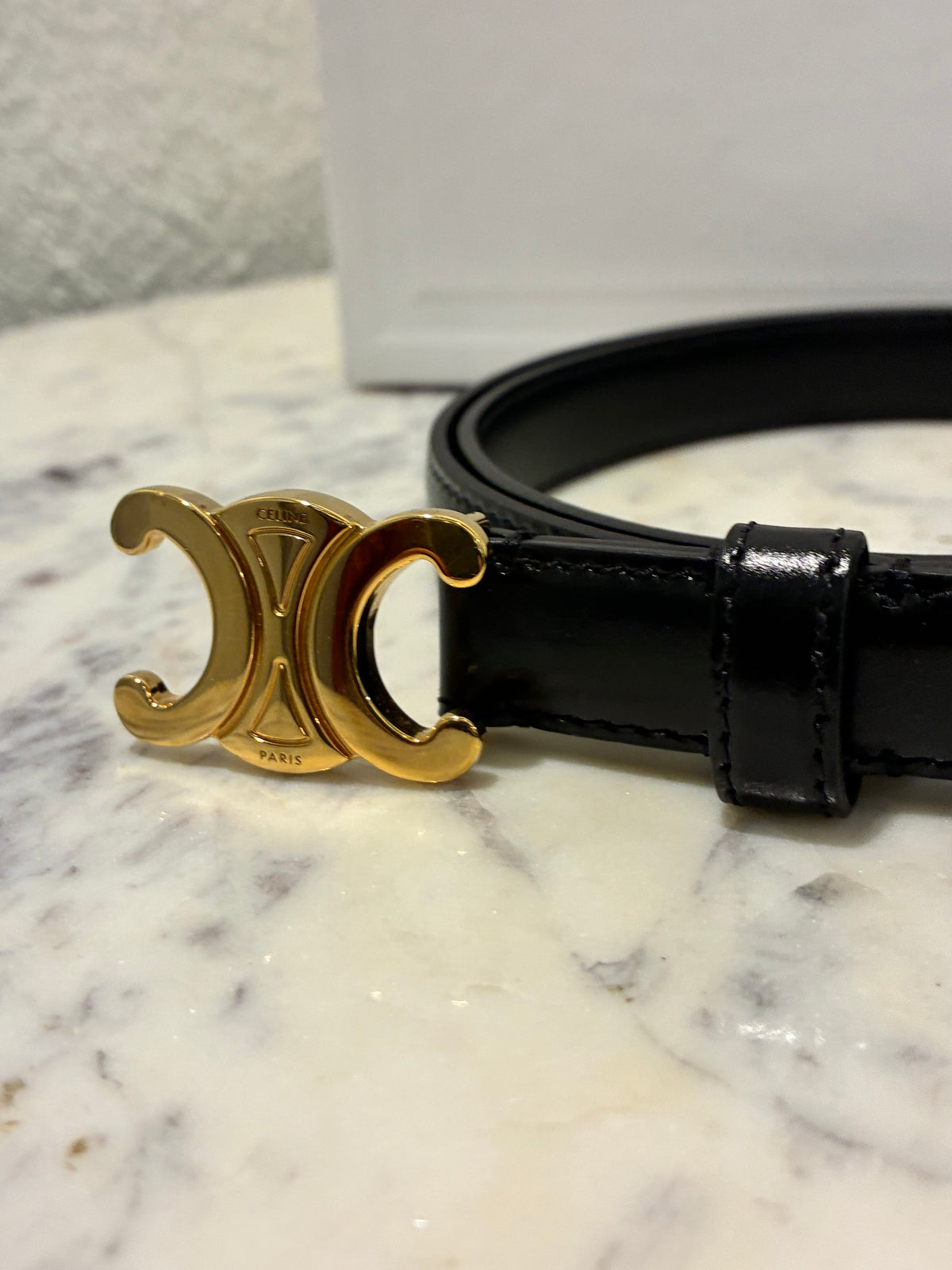 Celine Belt – Triomphe Belt - Black Leather & Gold Hardware - Size 80