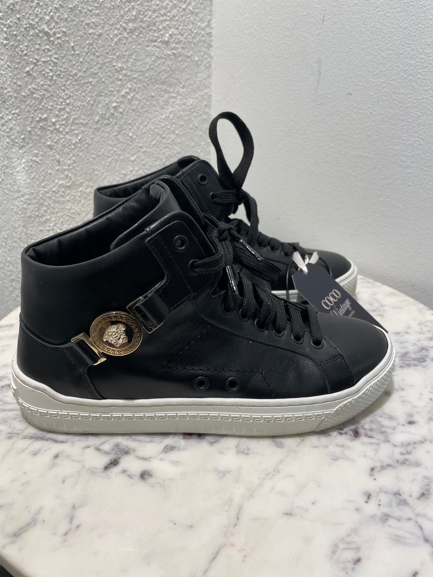Authentic Versace Black Leather Medusa Head High-Top Sneakers - 36