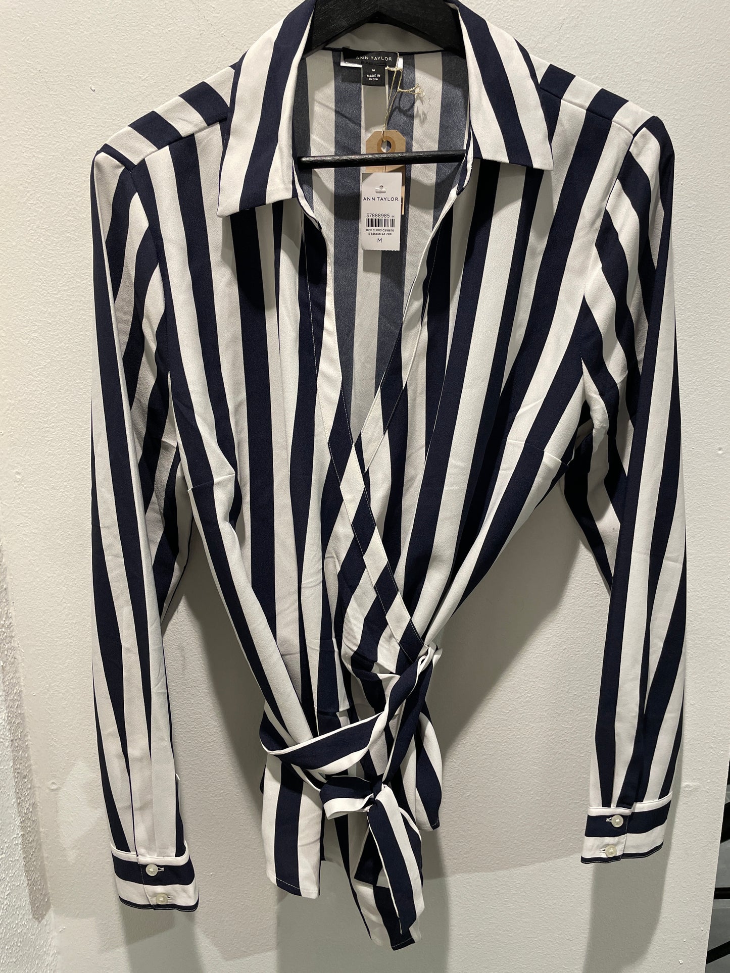 Ann Taylor Top – Navy & White Stripes with Tie Detail – Size M