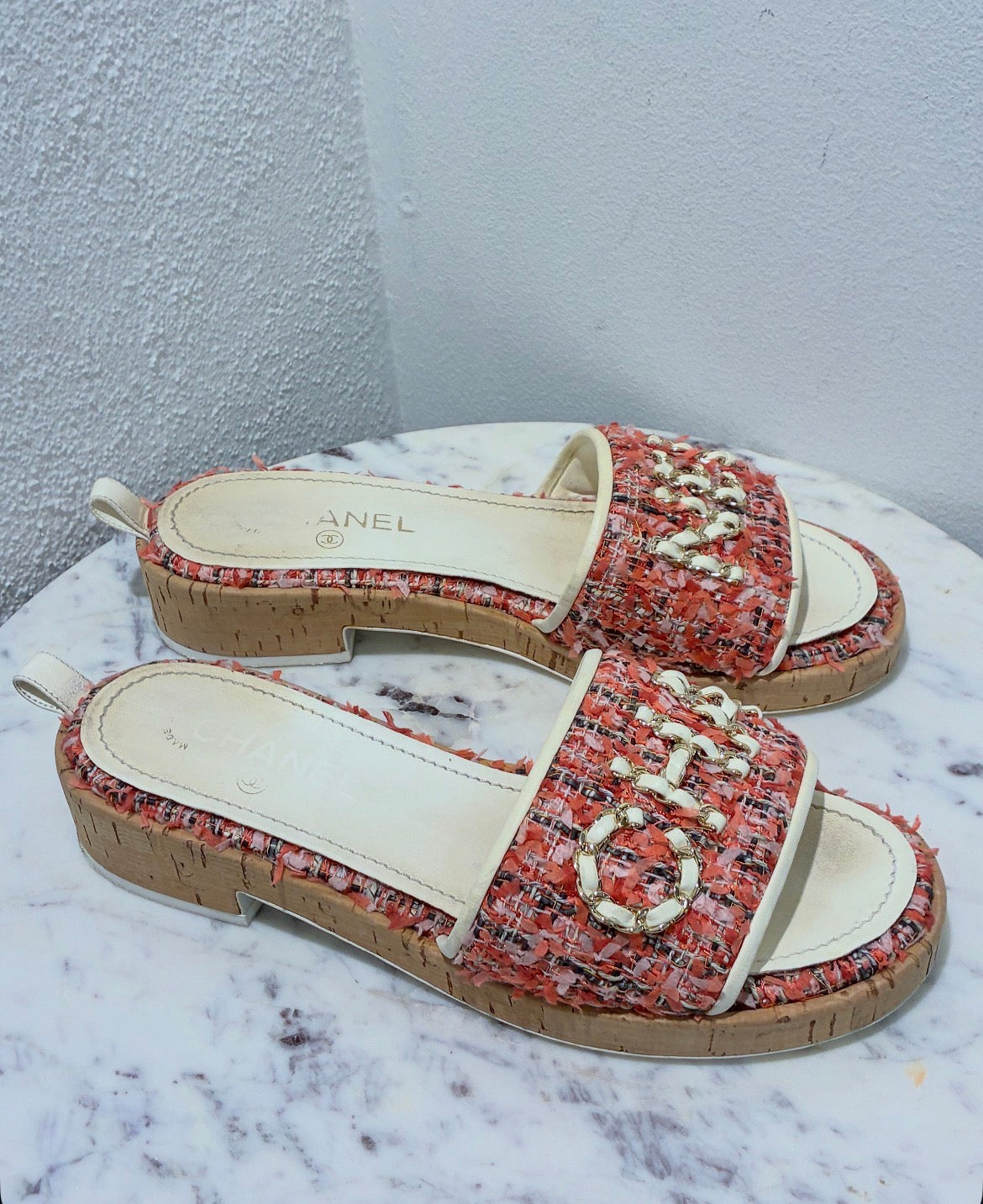 Chanel Tweed Mules – Pink with Chain Logo text – EU 40