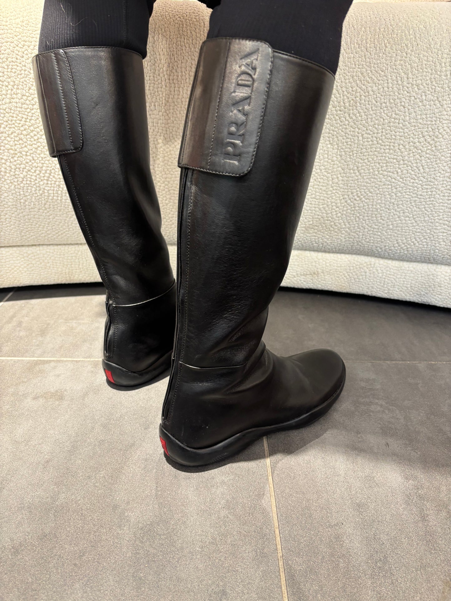 Prada Knee-High Boots - Black Leather & Embossed Logo - EU 39.5