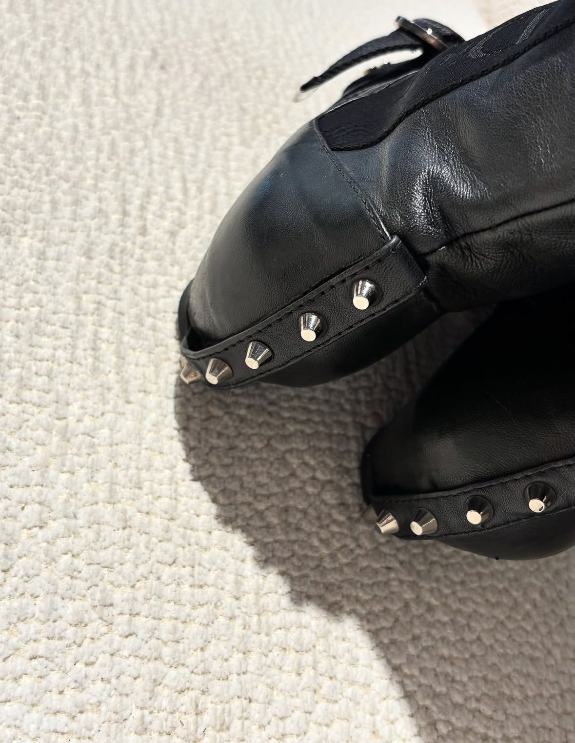 Dior Knee-High Boots – Black Leather with Logo Straps & Stud Details – EU 38