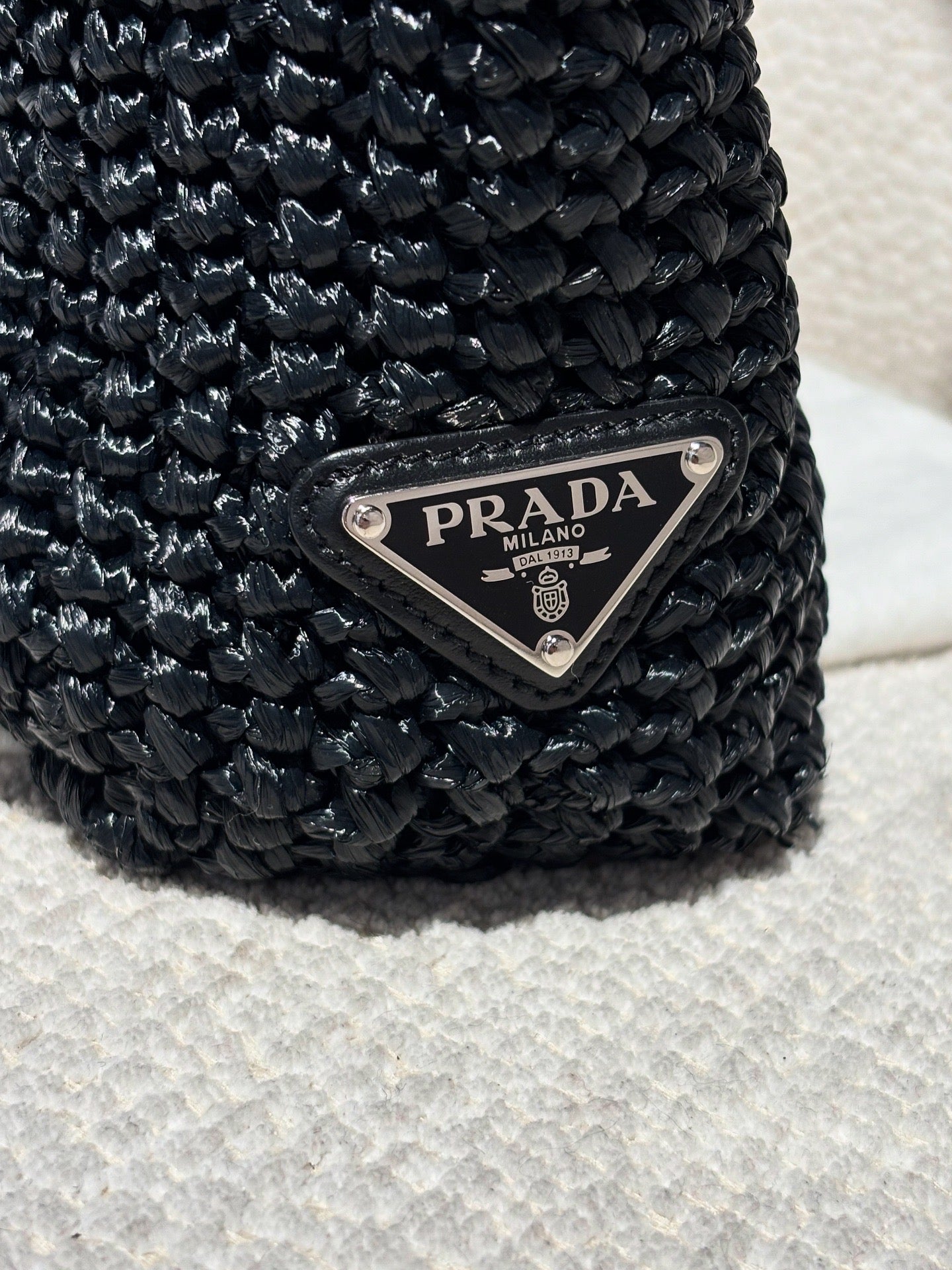 Prada Raffia Tote – Black with White Logo Text