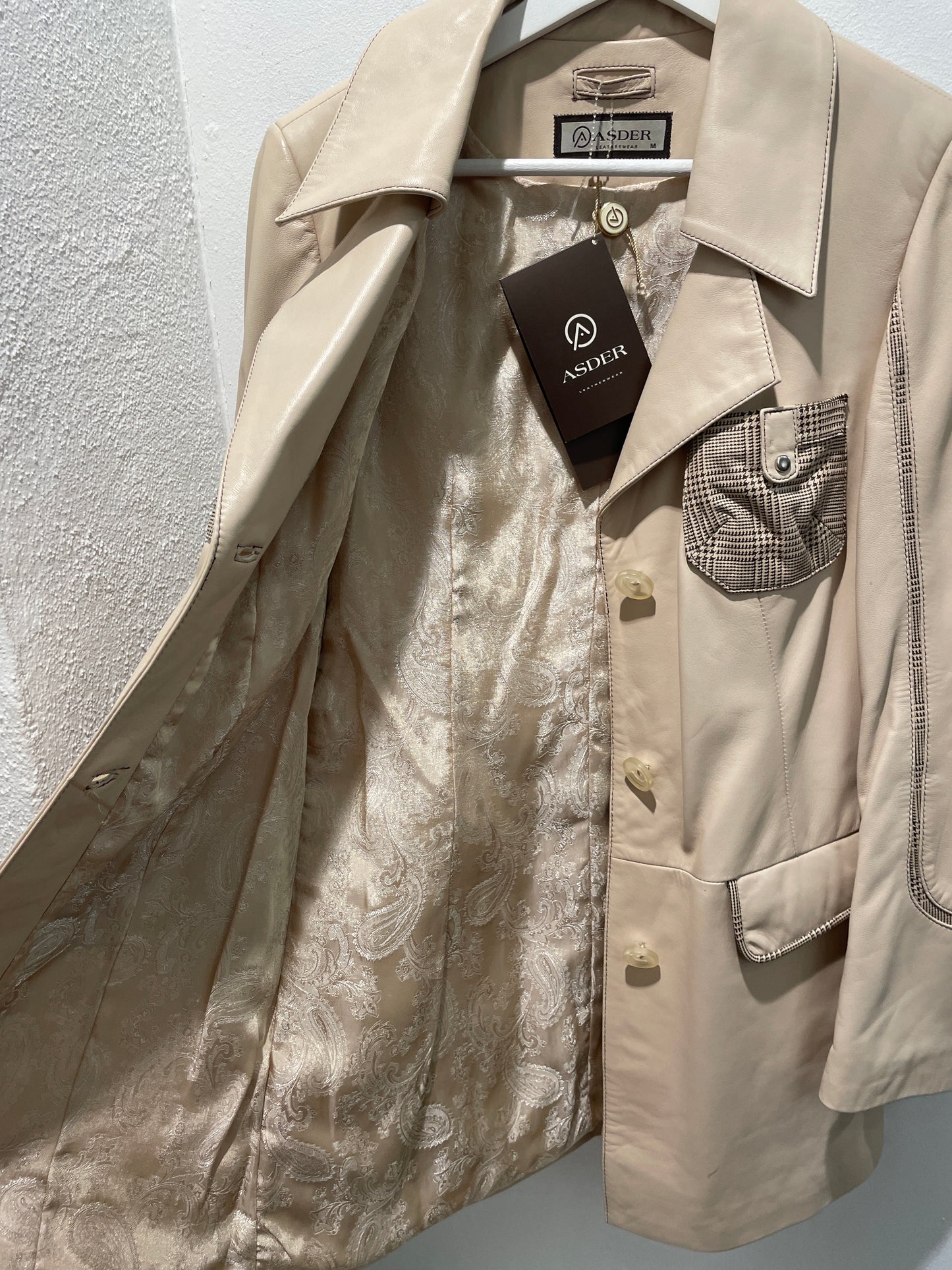 Brand New Beige Structured Leather Coat With Houndstooth Details - M