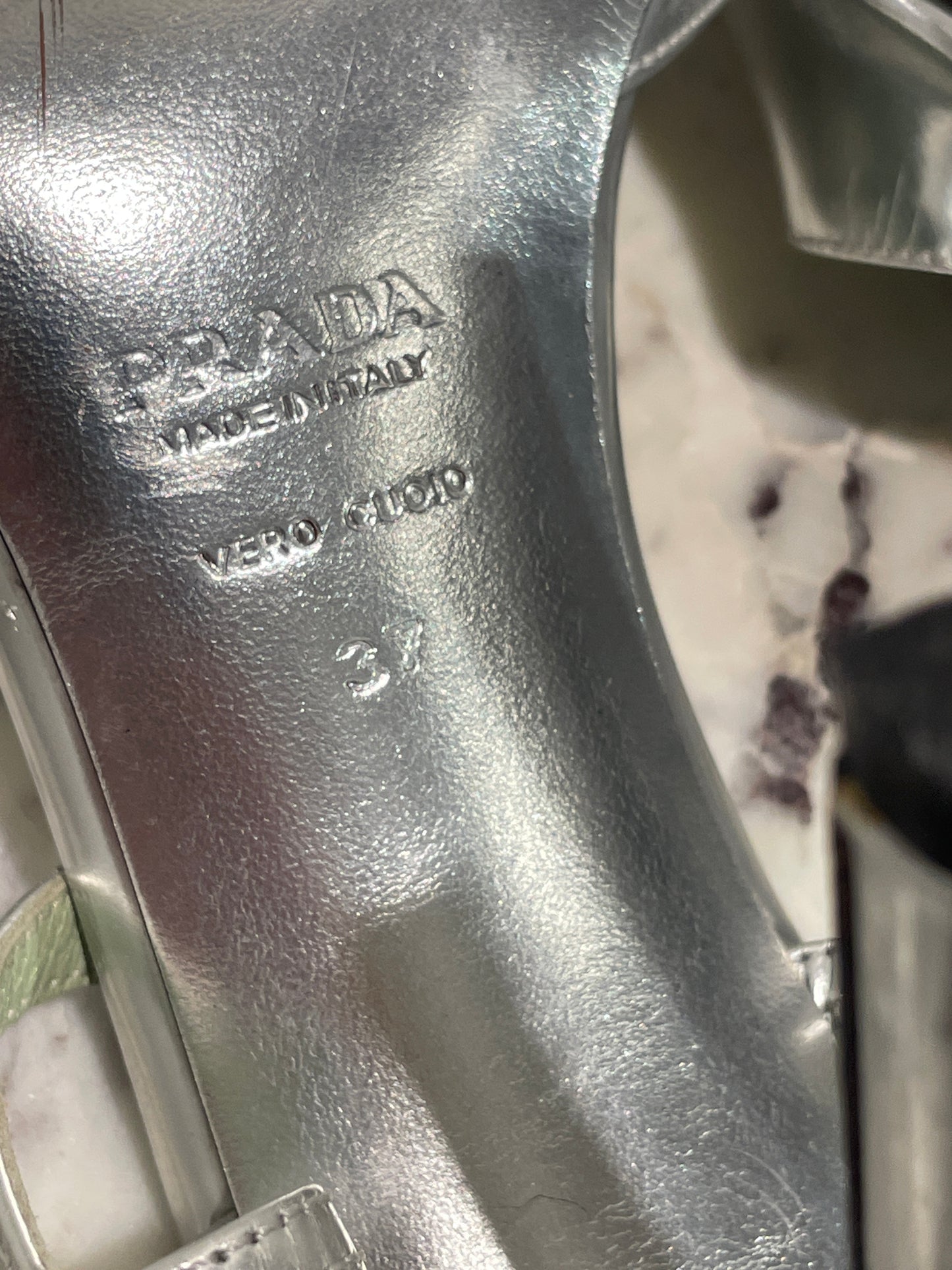 Vintage Prada Metallic Silver T-Strap Heeled Sandals - 37