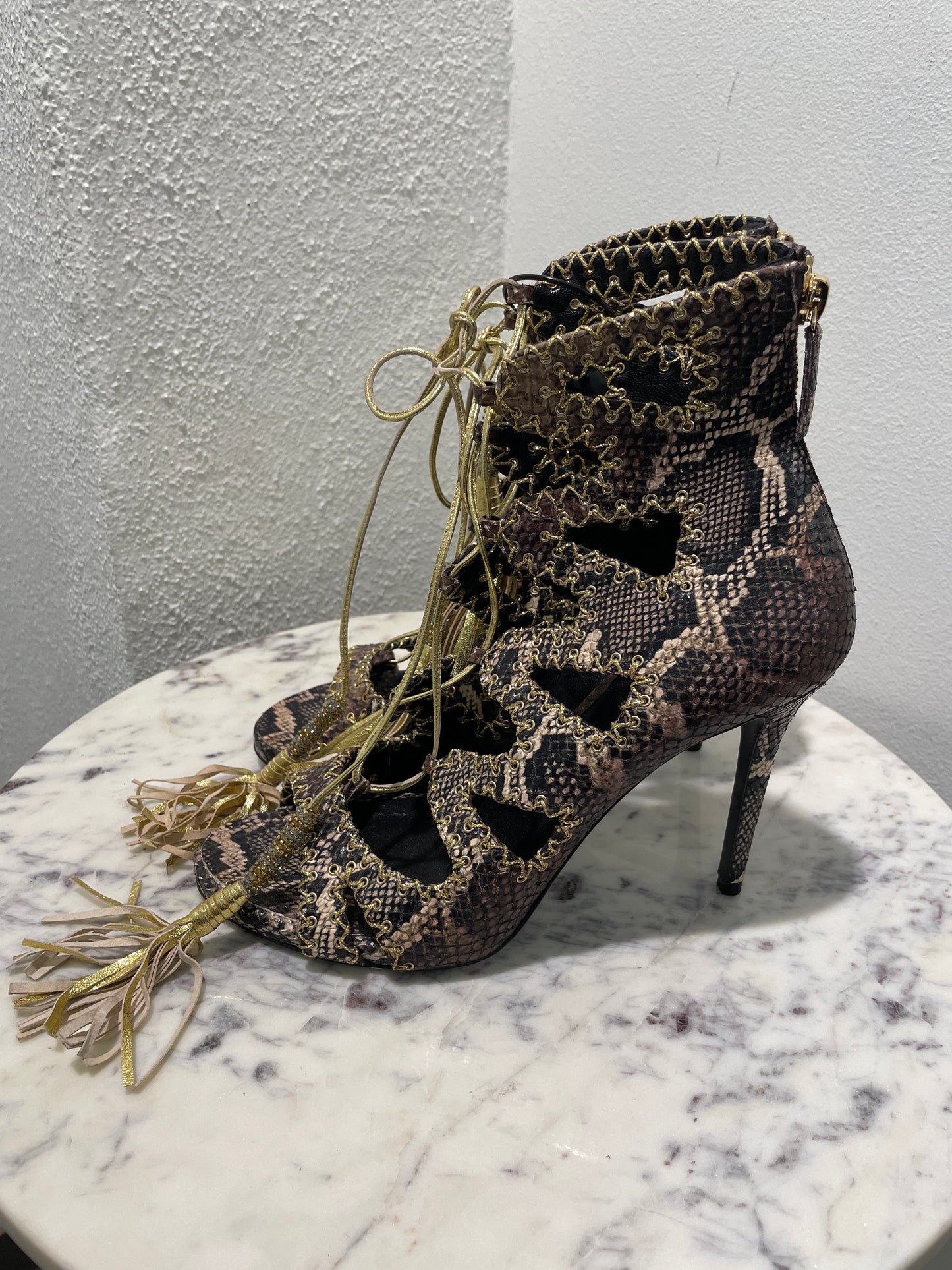 Roberto Cavalli Snakeskin Print Open-Toe Lace-Up Booties with Gold Tassels - 39