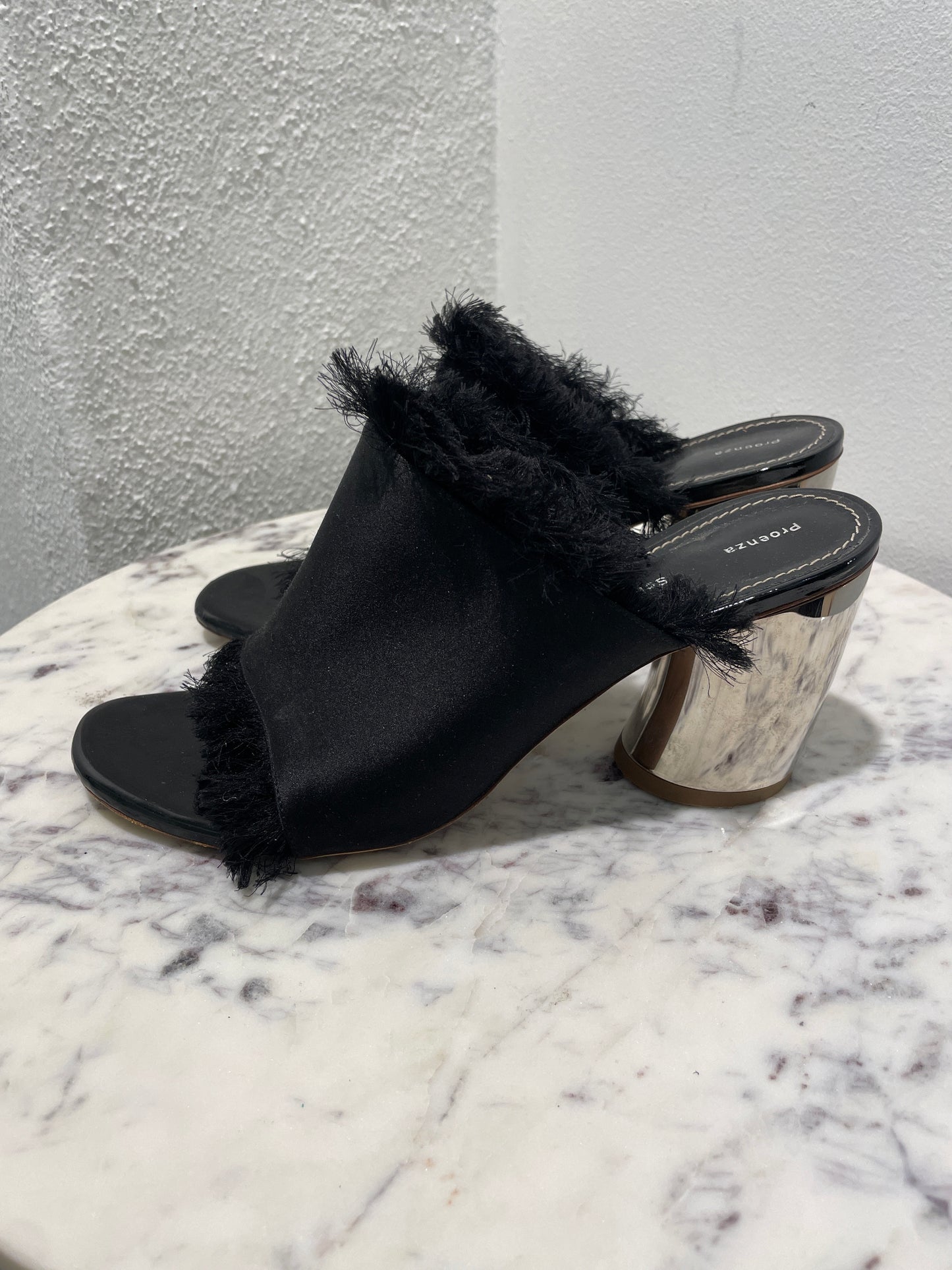 Proenza Schouler - Fringed Satin Open-Toe Mules with Metallic Block Heel - 39
