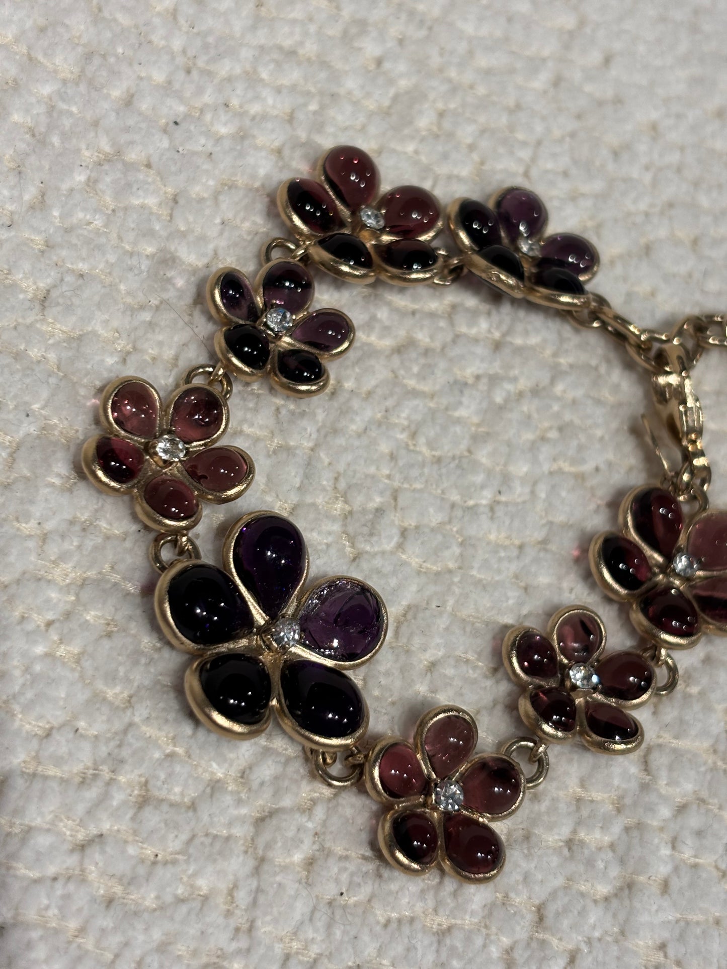 Chanel Bracelet – Gold-Tone Metal, Lilac Flower Motifs & CC Charm