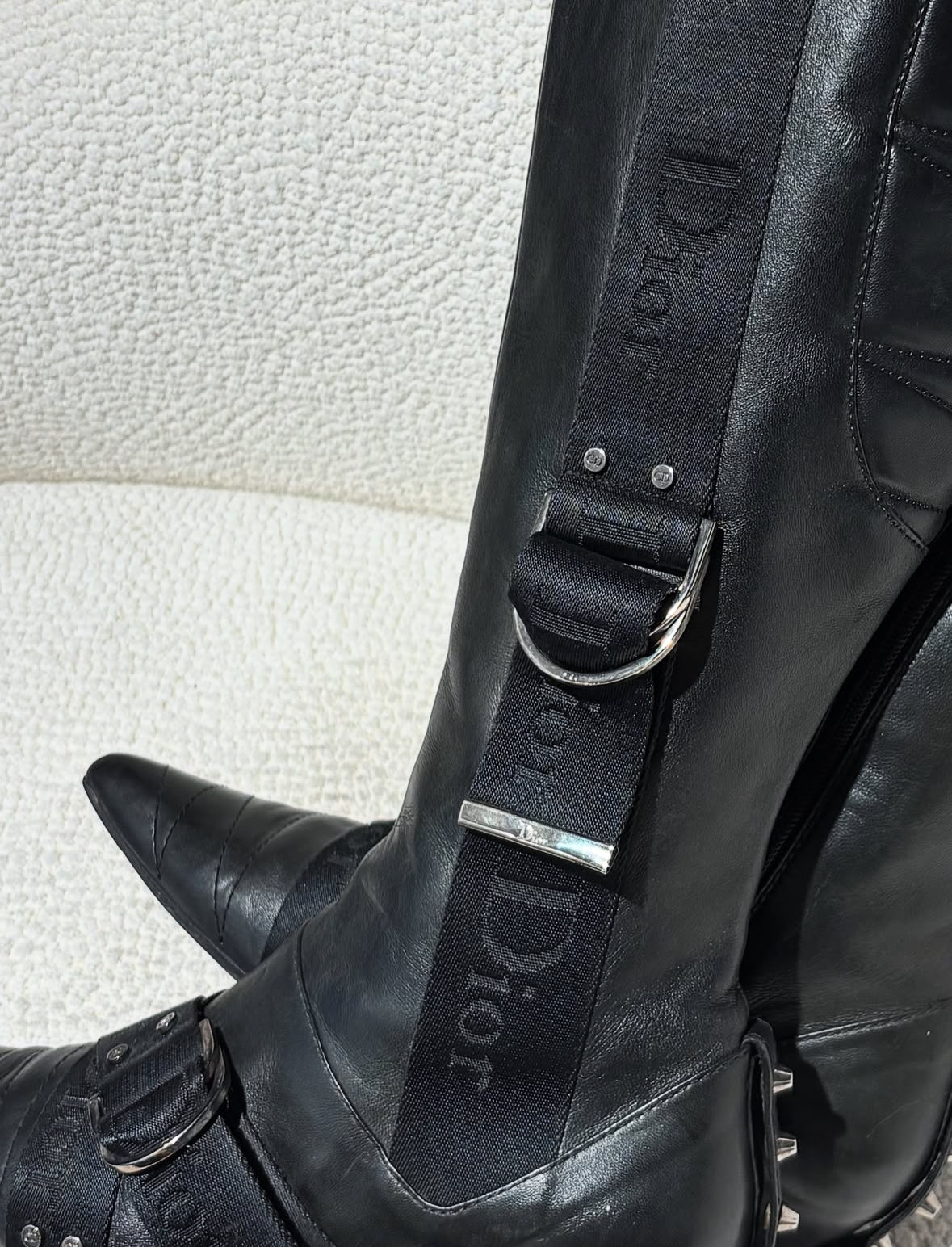Dior Knee-High Boots – Black Leather with Logo Straps & Stud Details – EU 38