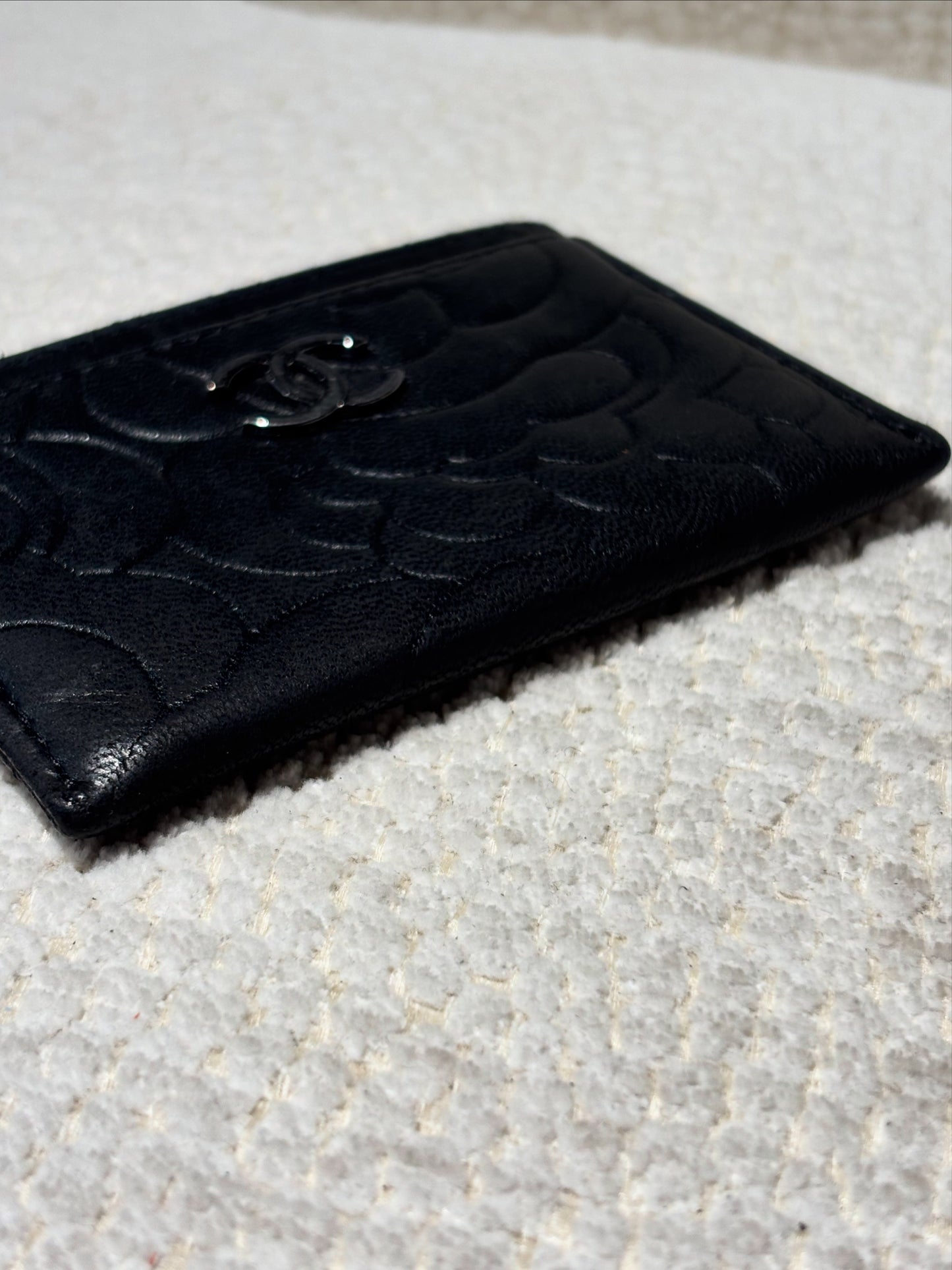 Chanel Cardholder - Camelia - Black Lamsbkin & Silver Logo
