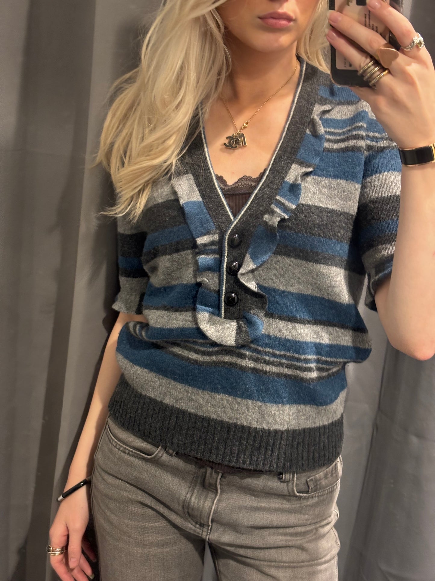 Saint Laurent Knit Top – Blue & Grey Tones with Statement Buttons - Size S-M