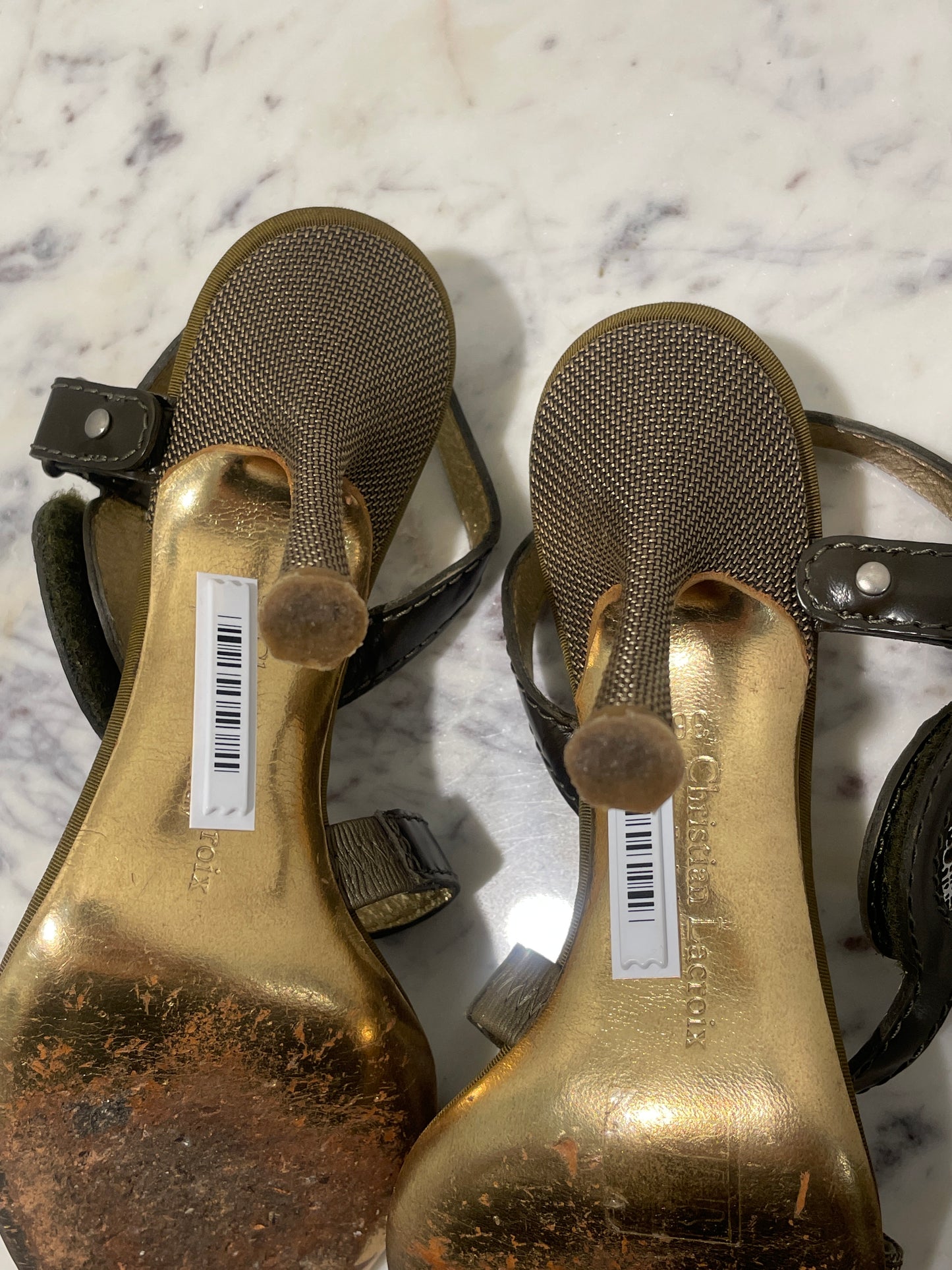 Christian Lacroix Vintage Striped Silk Strappy Sandals with Rhinestone Circle Details -  36