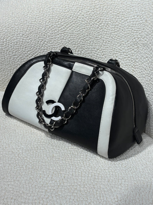 Chanel Bowling Bag –  Bicolor CC Black & White Lambskin with Silver Chain