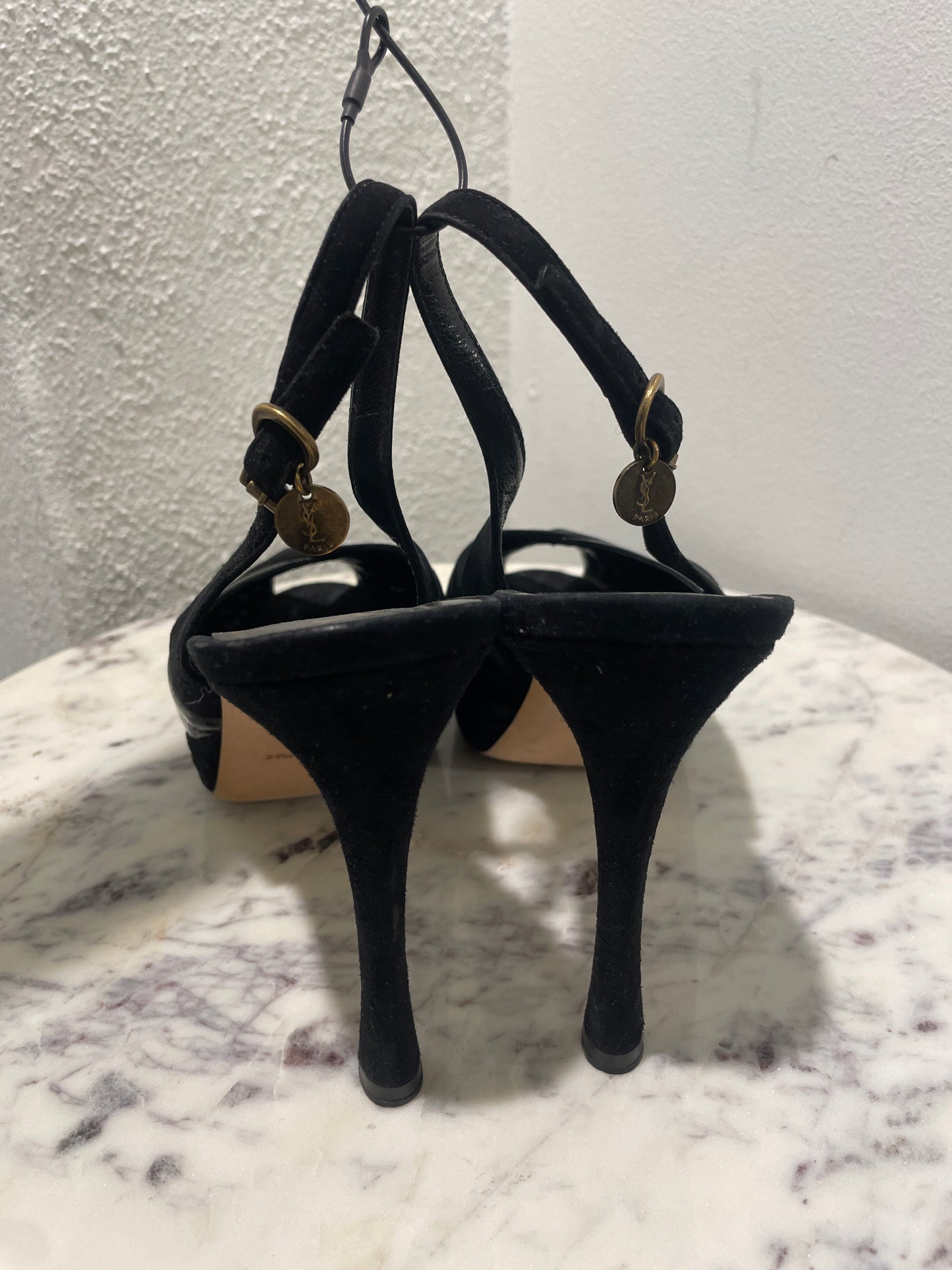 Vintage Yves Saint Laurent YSL Black Suede & Patent Leather Slingback Platform Heels - 39,5