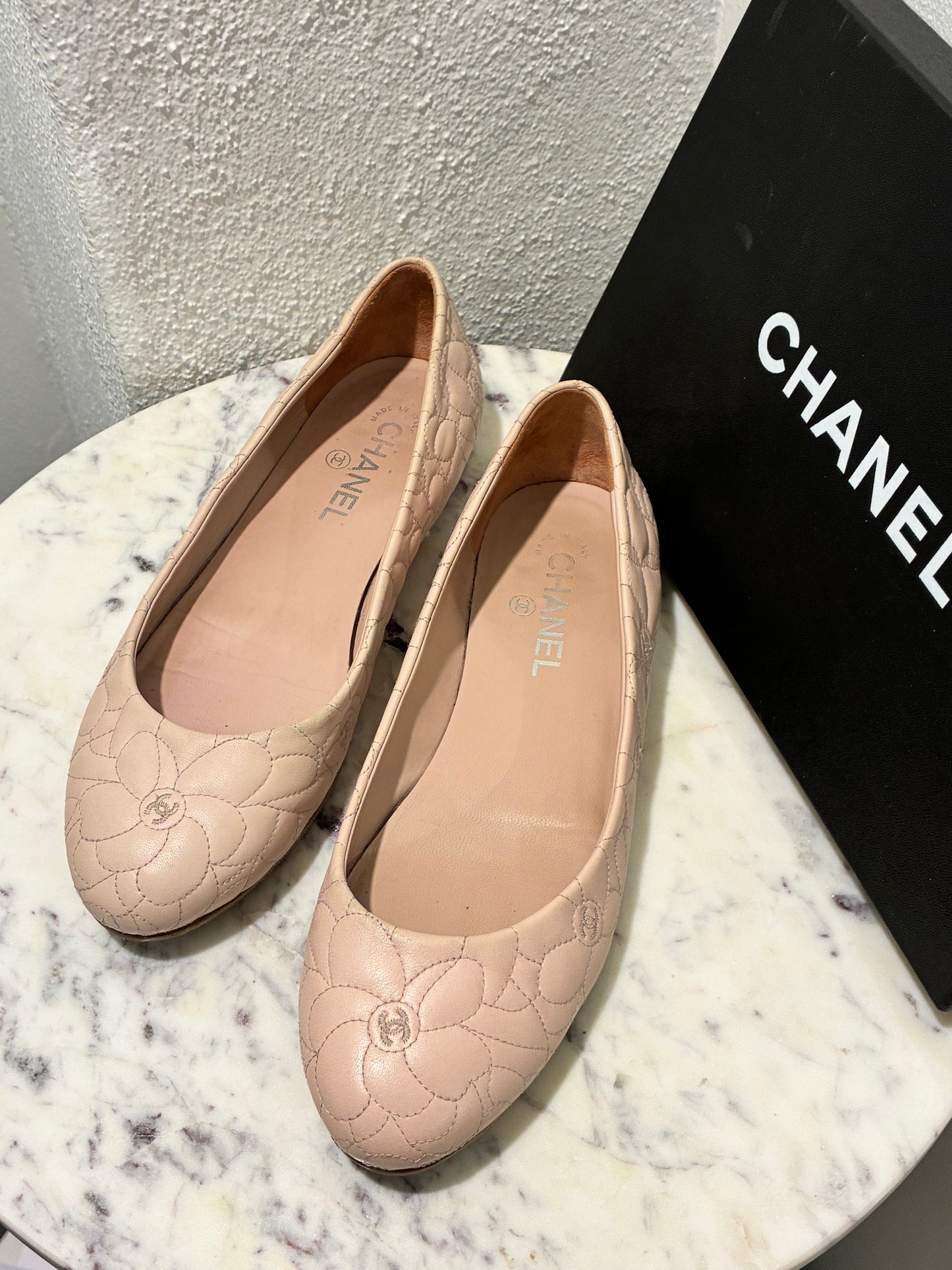 Chanel Ballerina Flats – Blush Leather with Camelia Print & Logos – EU 40.5