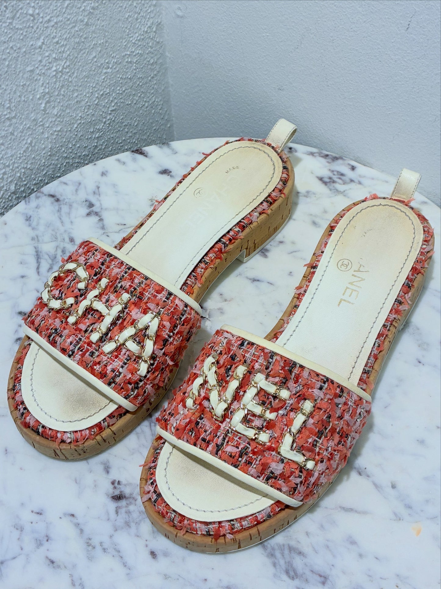 Chanel Tweed Mules – Pink with Chain Logo text – EU 40
