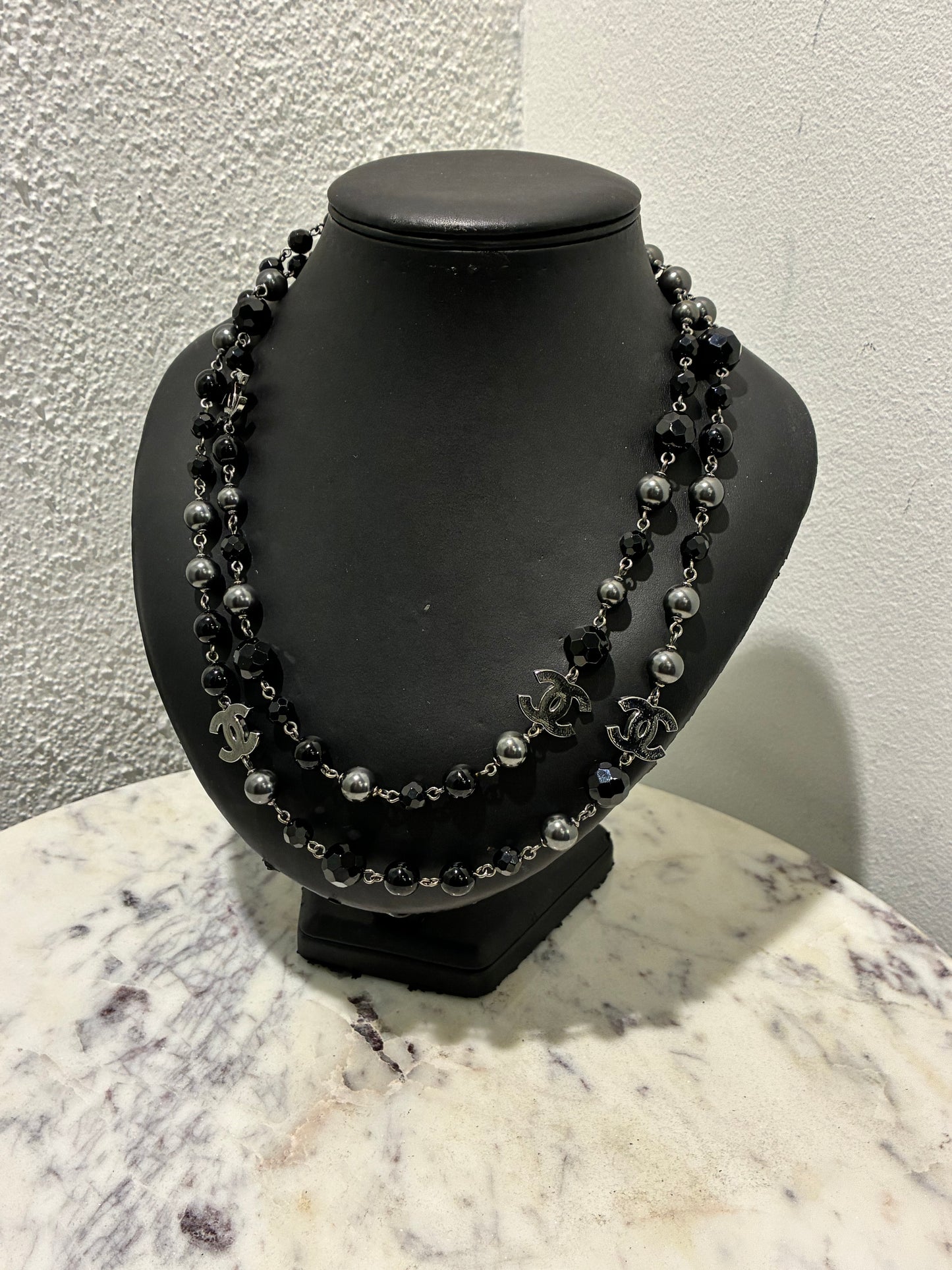 Chanel Beaded Necklace – Black Pearls & Oxidised Silver Logos