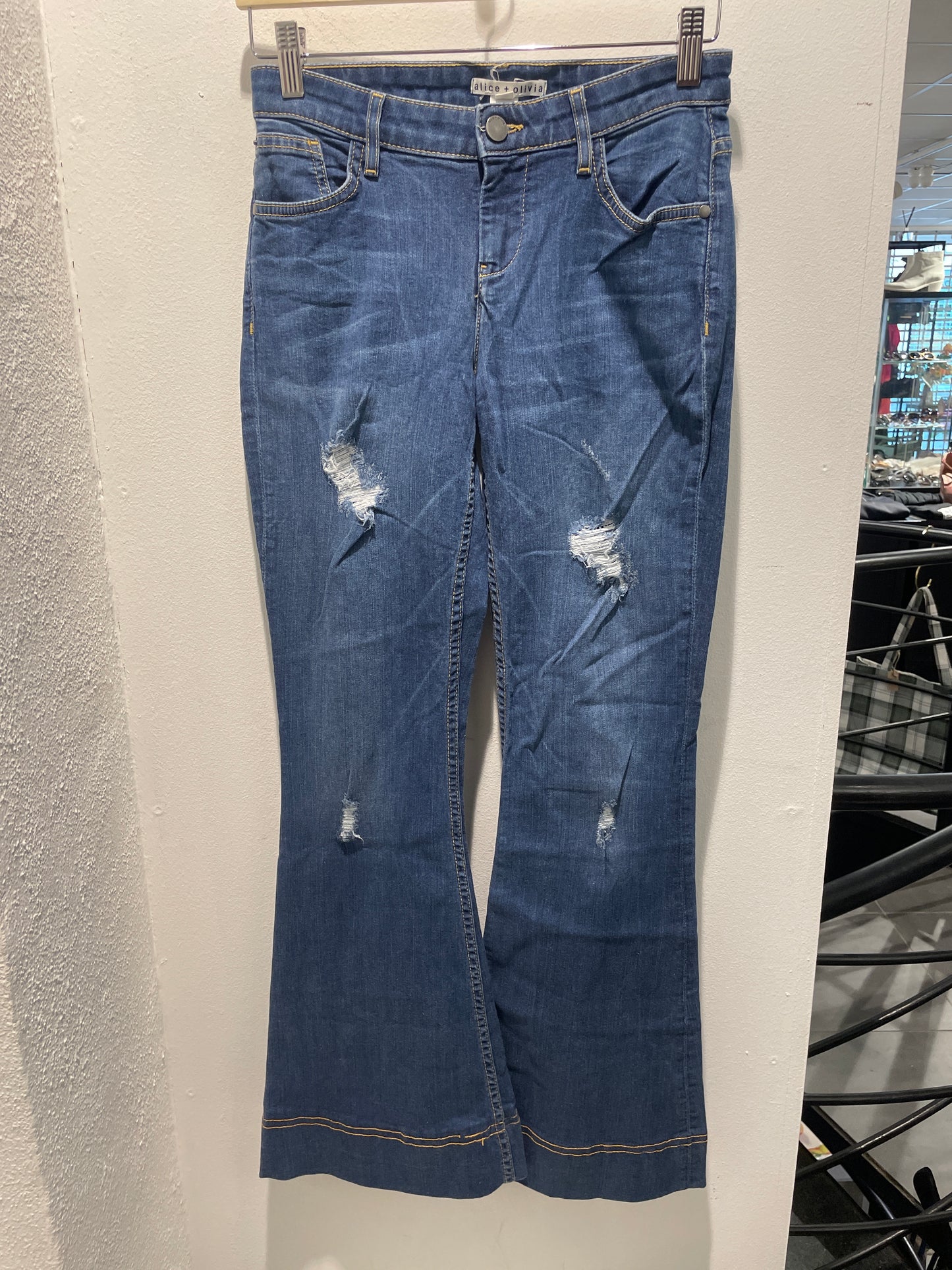 Alice + Olivia — Distressed Bootcut Jeans with Double-Stitch Hem (Size W26 / Fits EU 36)