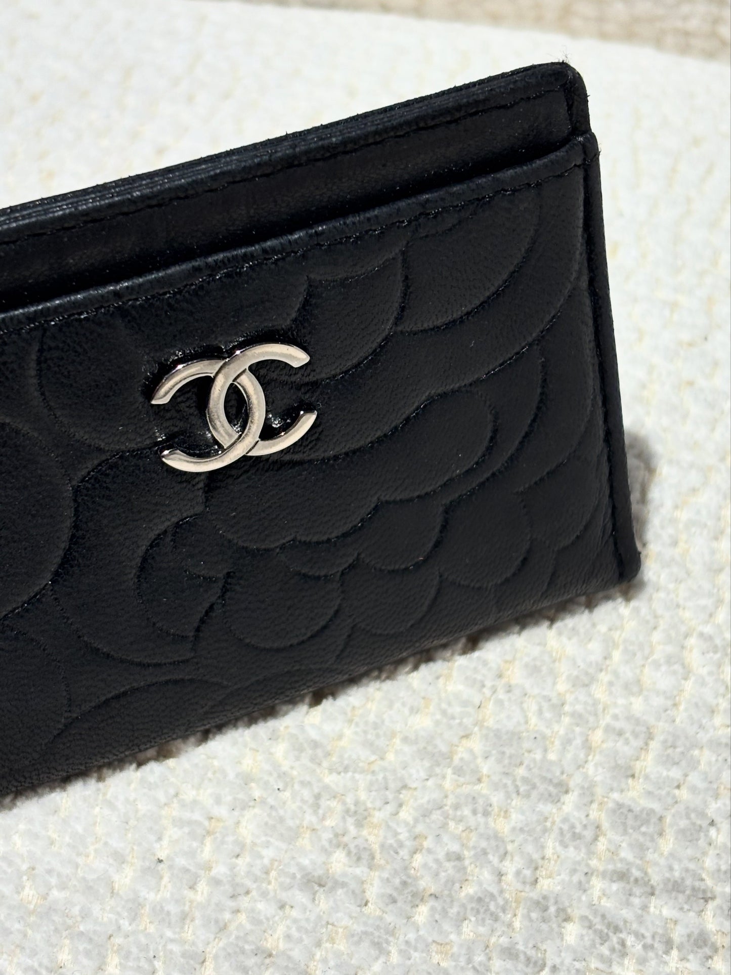 Chanel Cardholder - Camelia - Black Lamsbkin & Silver Logo