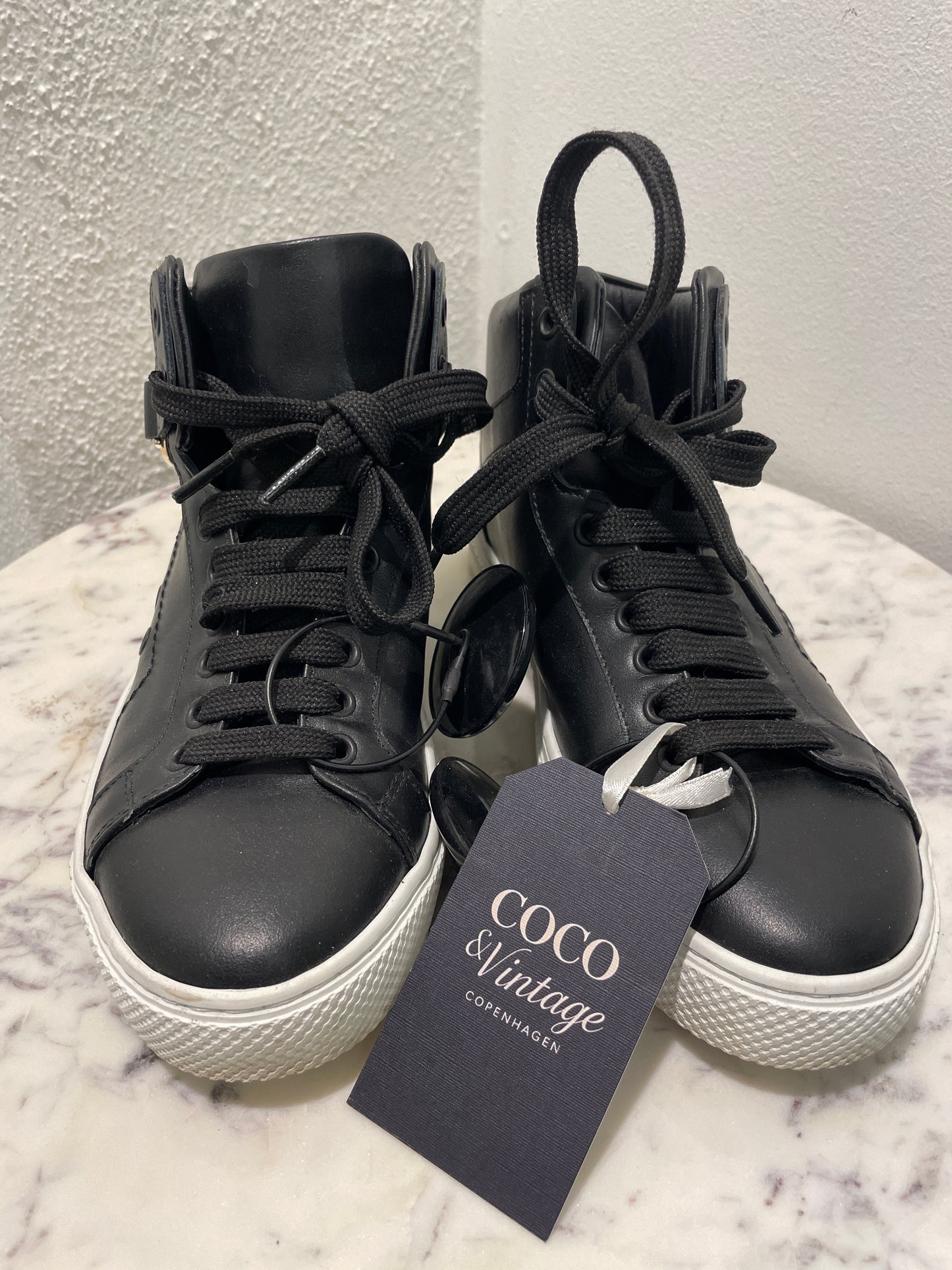 Authentic Versace Black Leather Medusa Head High-Top Sneakers - 36