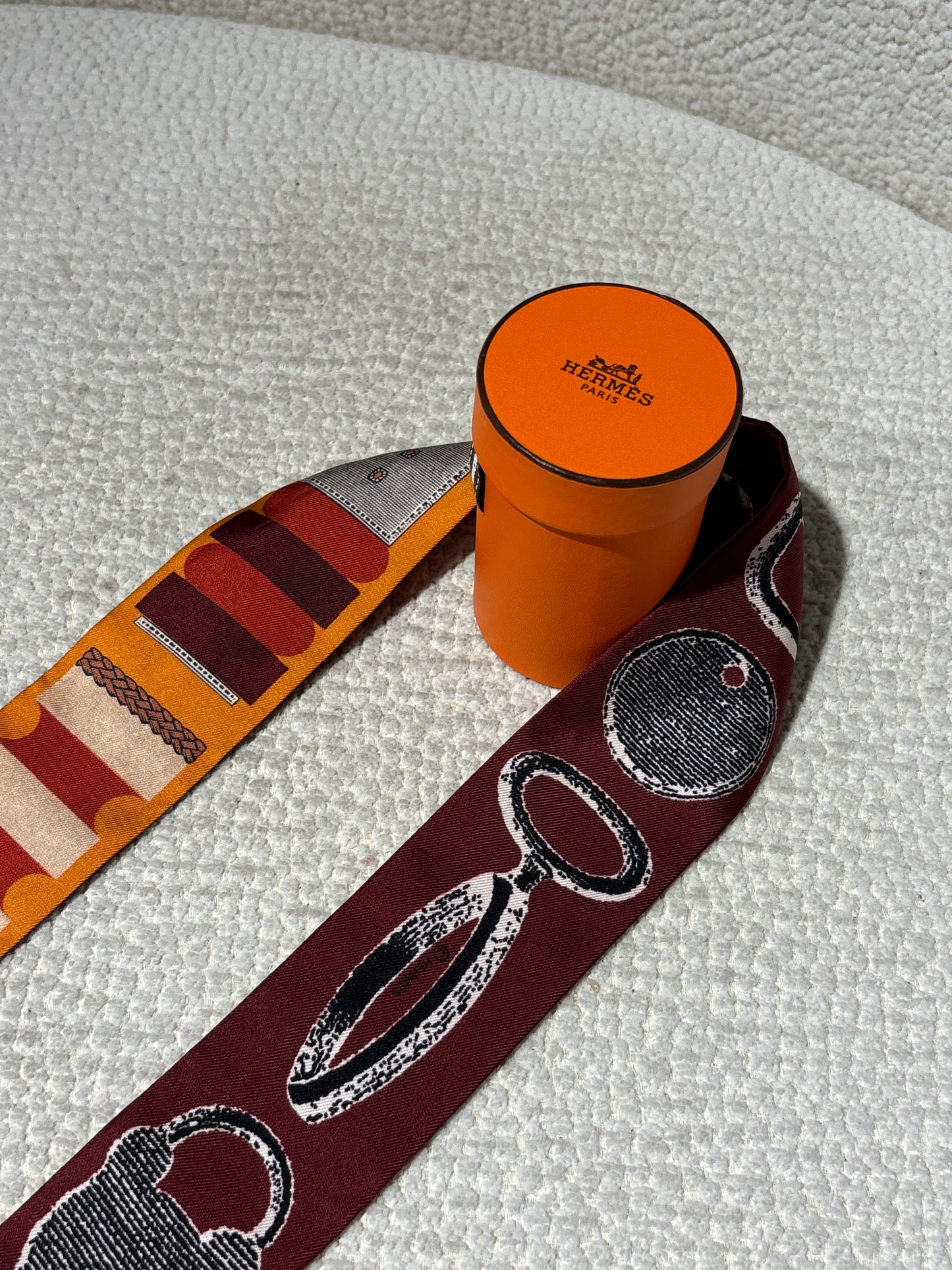 Hermés Silk Twilly - Burgundy & Orange with Horse Motif