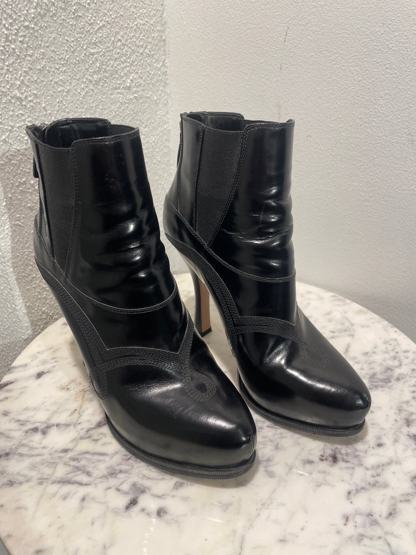 Vintage Prada Black Patent Leather & Elastic Wedge Boots / Booties - 39,5