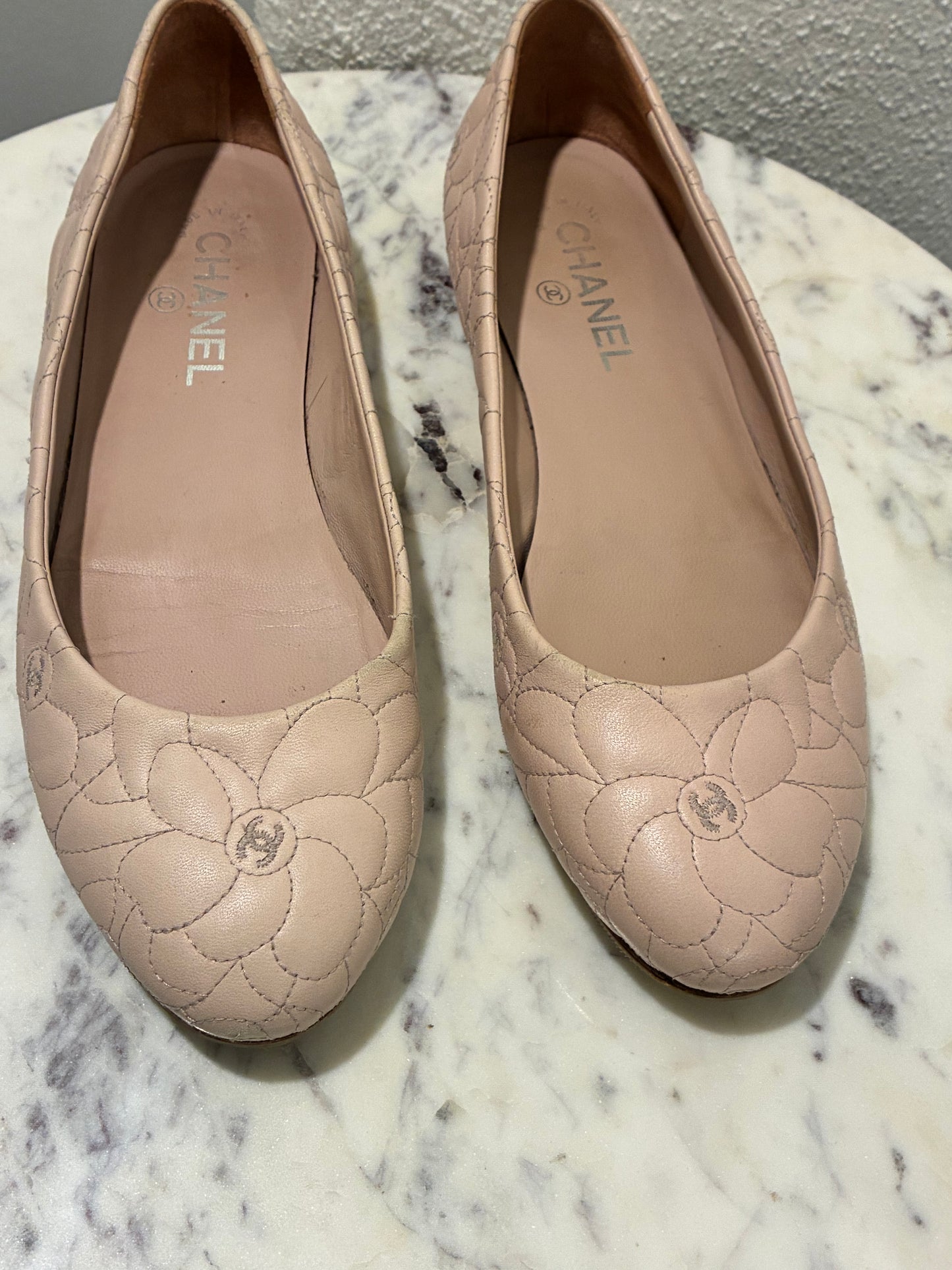 Chanel Ballerina Flats – Blush Leather with Camelia Print & Logos – EU 40.5