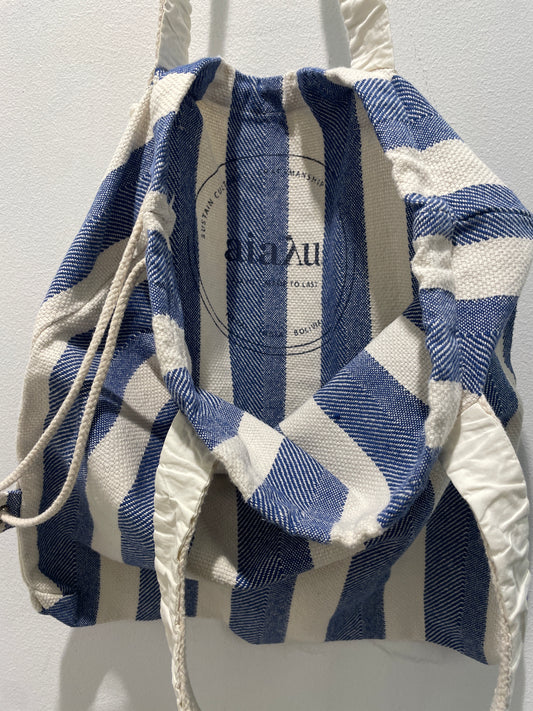 Aiayu Blue and White Striped Organic Cotton Tote Bag - M