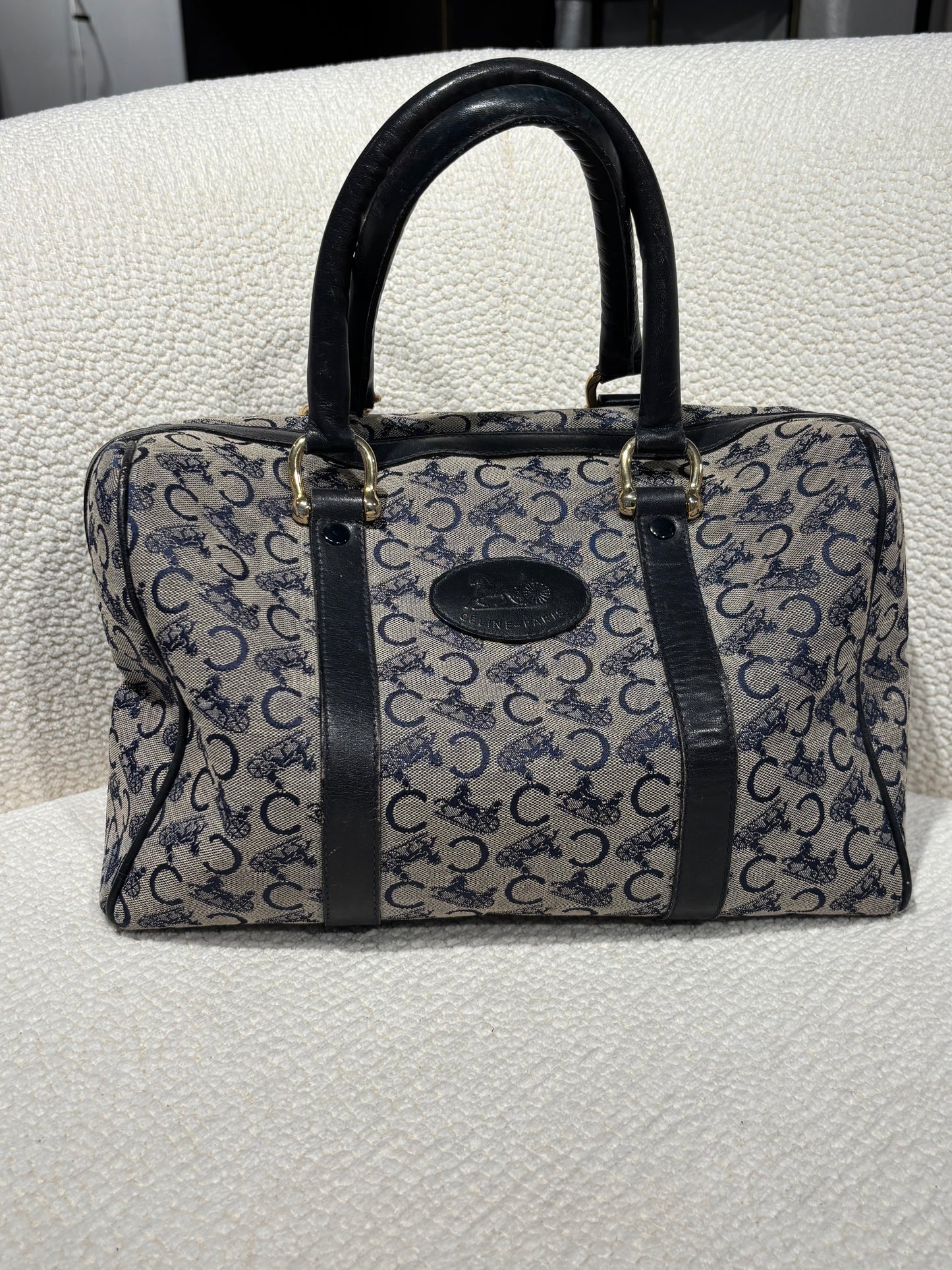 Celine Vintage Macadam Boston Bag – Grey & Navy Canvas & Leather