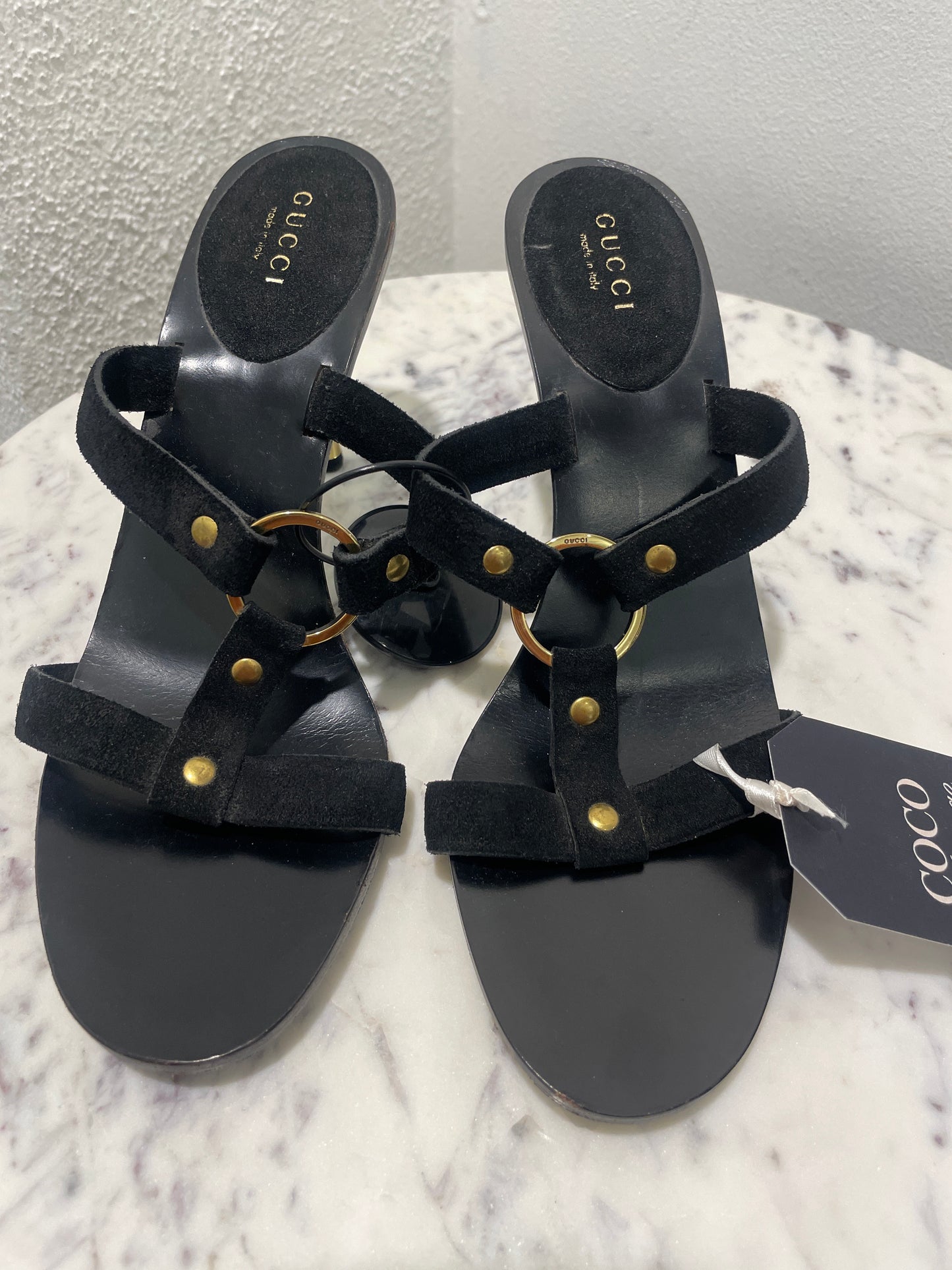 Gucci Black Suede Gold O-Ring Mule Sandals – EU 36.5C