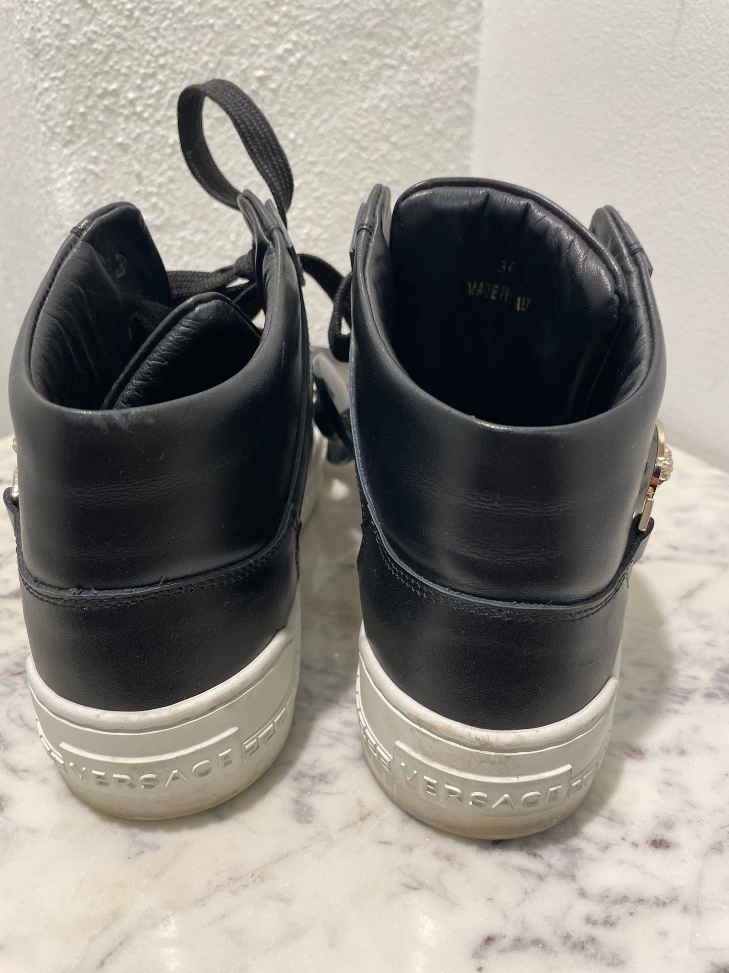 Authentic Versace Black Leather Medusa Head High-Top Sneakers - 36