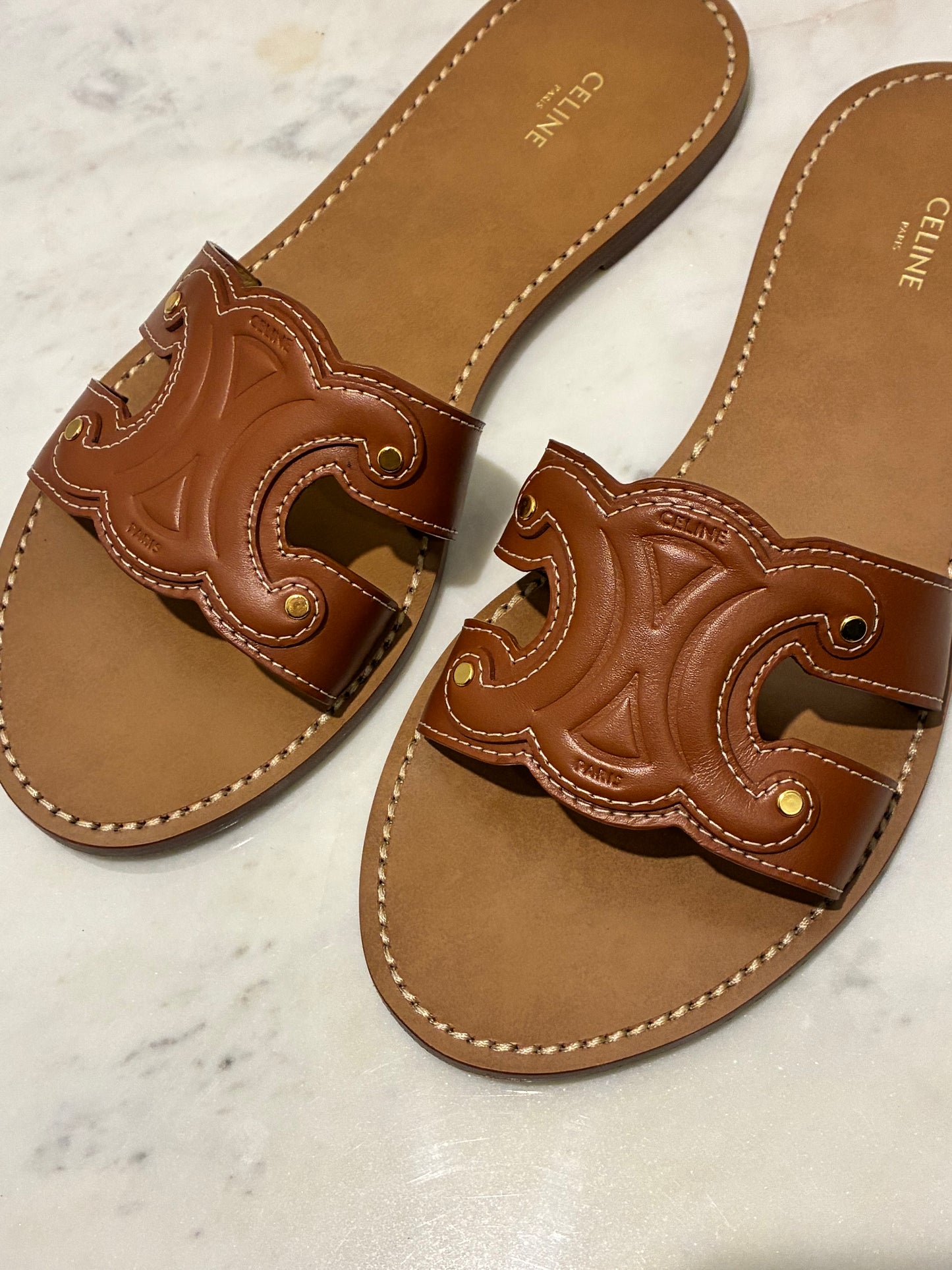 Celine Triomphe Sandals
 – Tan Leather - Size 40