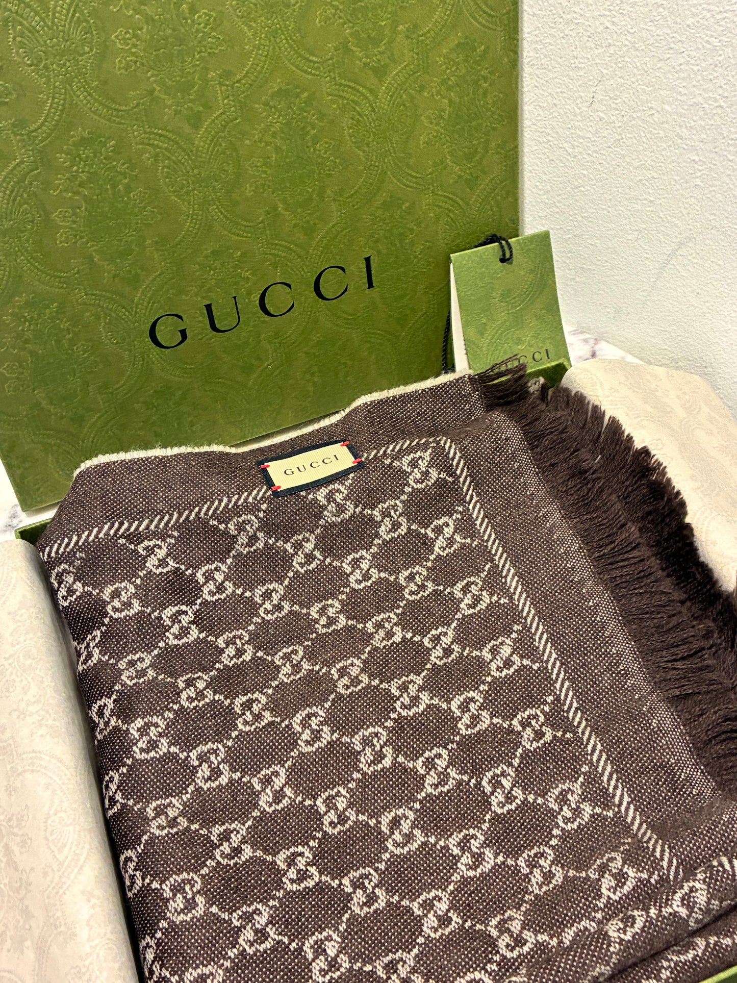 Gucci Monogram Scarf - Brown & Light Grey/Taupe