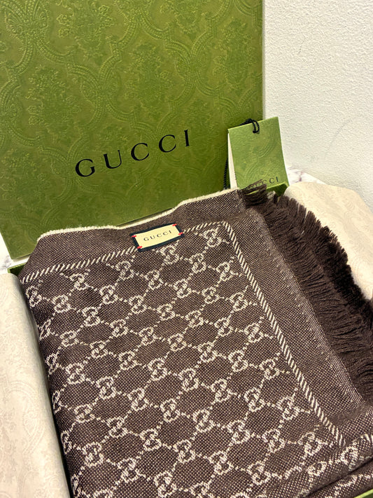 Gucci Monogram Scarf - Brown & Light Grey/Taupe