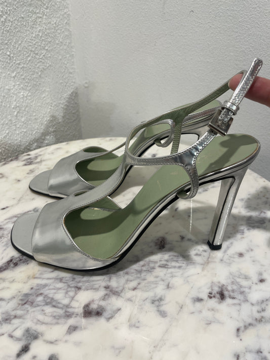 Vintage Prada Metallic Silver T-Strap Heeled Sandals - 37