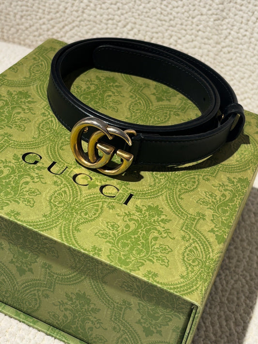 Gucci Marmont Slim Belt - Black with Gold GG Logo - Size 80