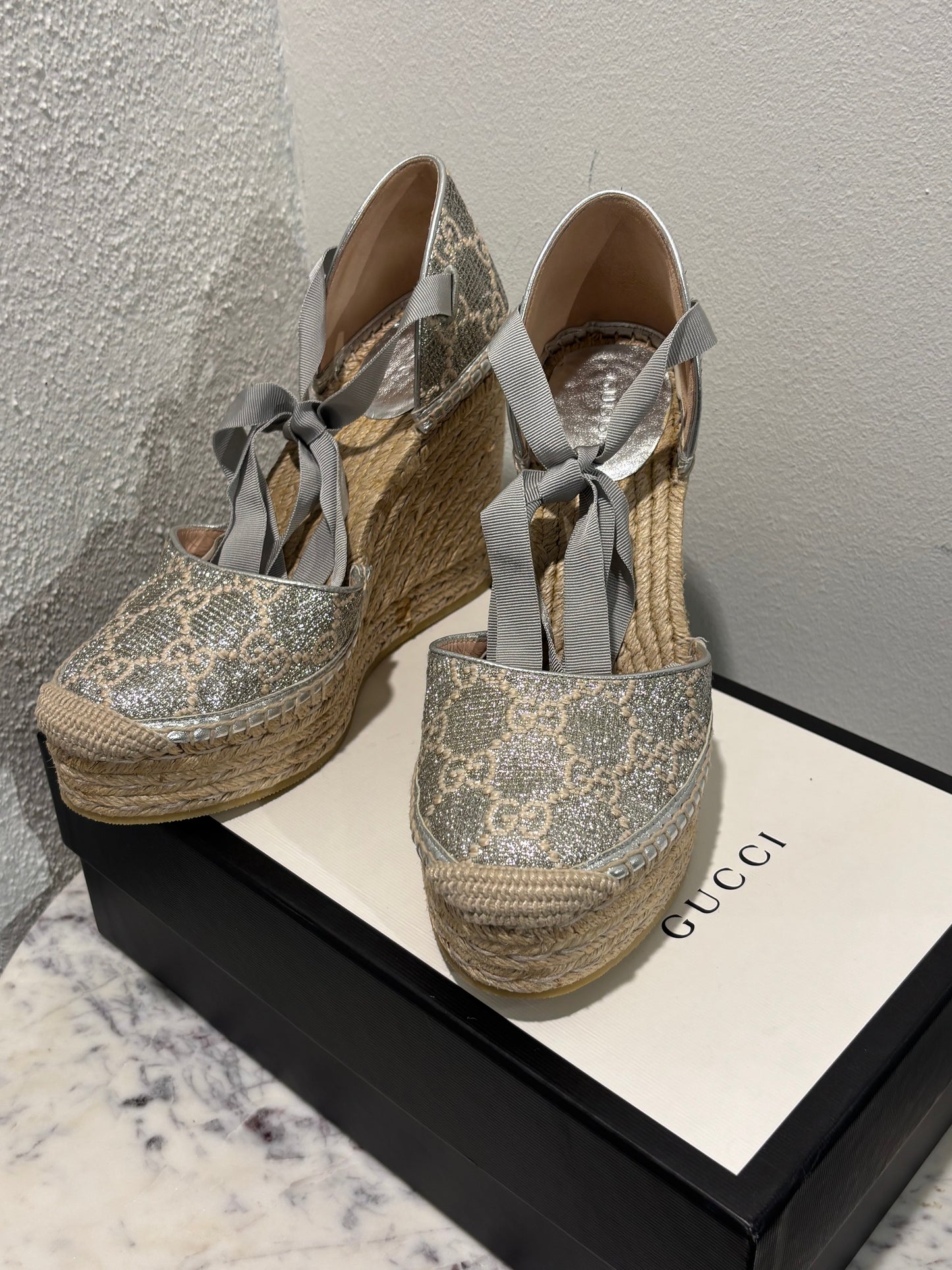 Gucci Wedge Sandals - Silver Monogram - EU 40