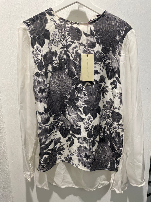 Stella McCartney — Silk Blouse with Monochrome Floral Print and Asymmetric Hem - Size IT 42