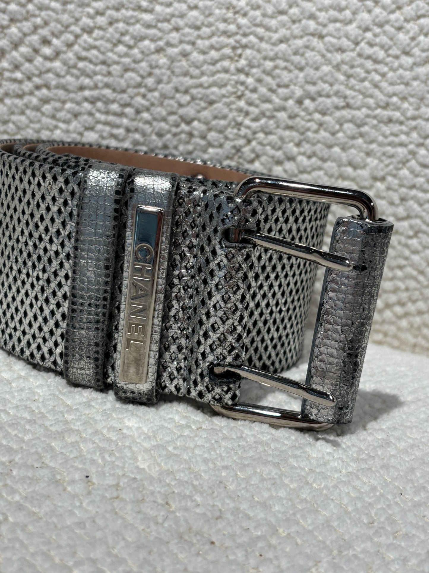 Chanel Belt – Silver Leather with Perforated Detail