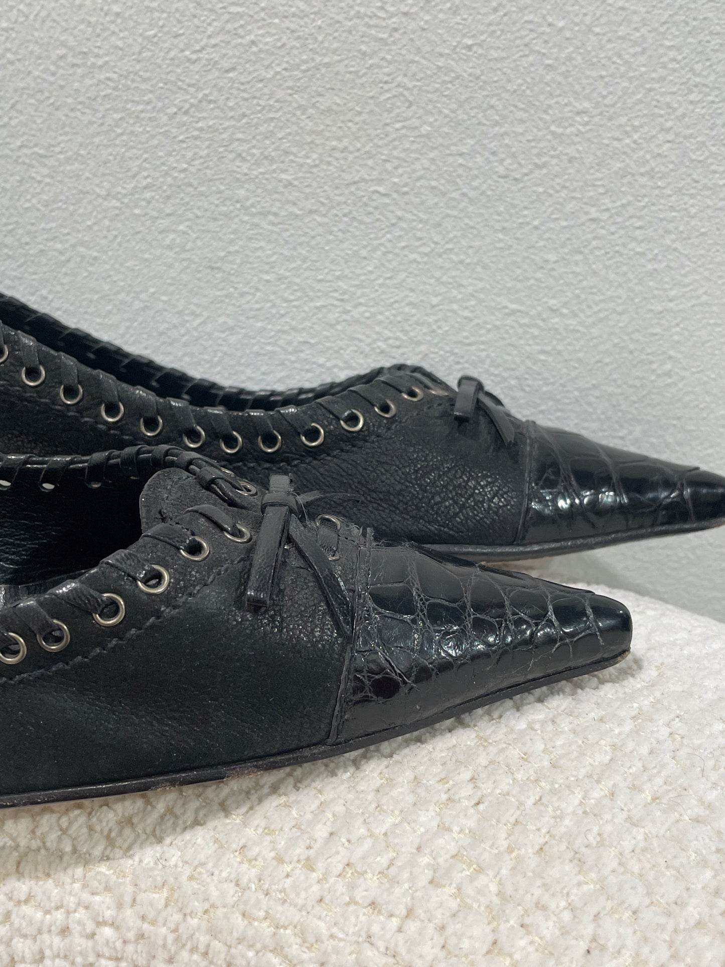 Prada Heels – Black Leather w. croco toe - 37,5