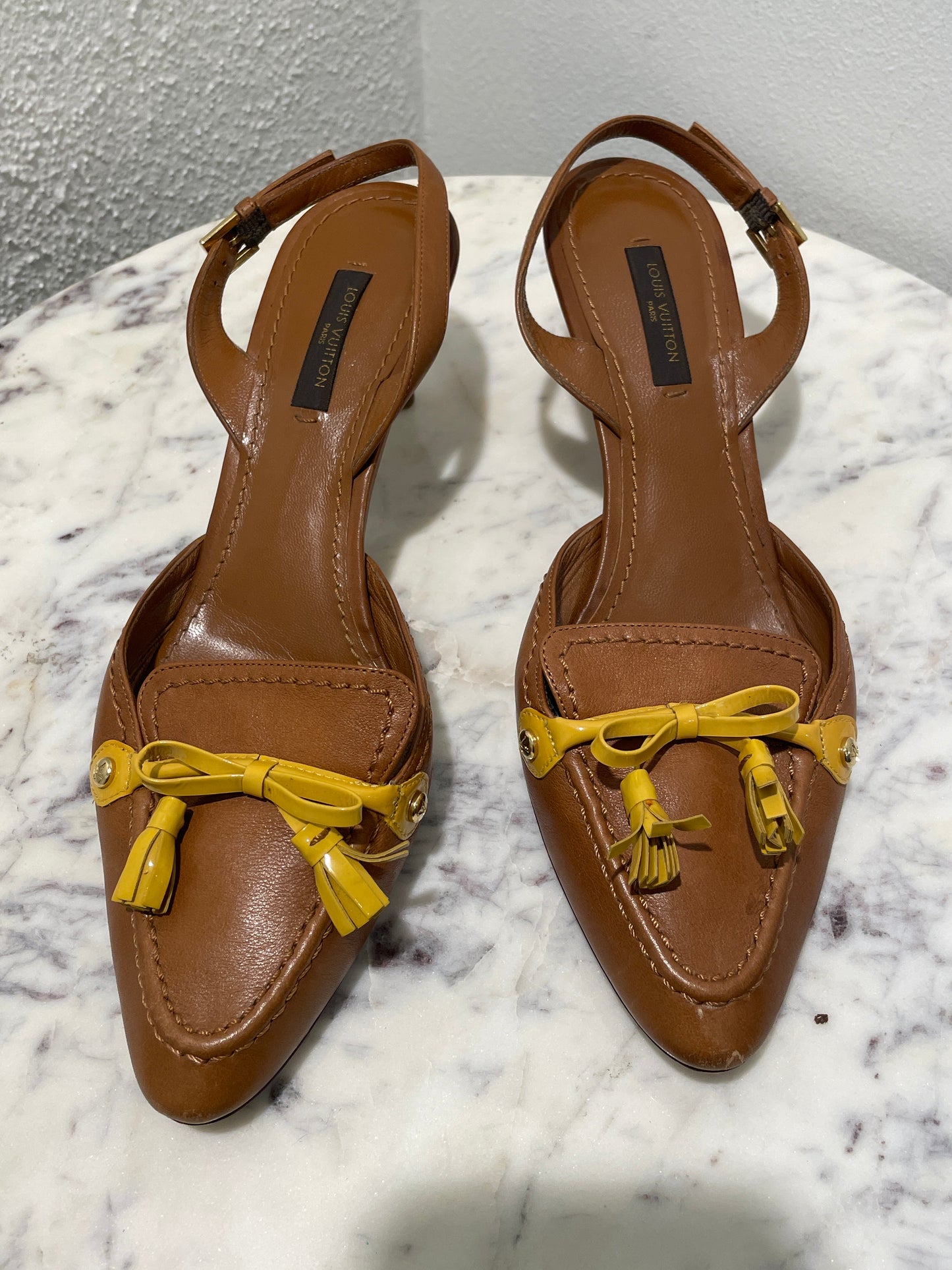 Louis Vuitton Tan Leather Pointed-Toe Slingback Heels with Yellow Tassel Bow - 37