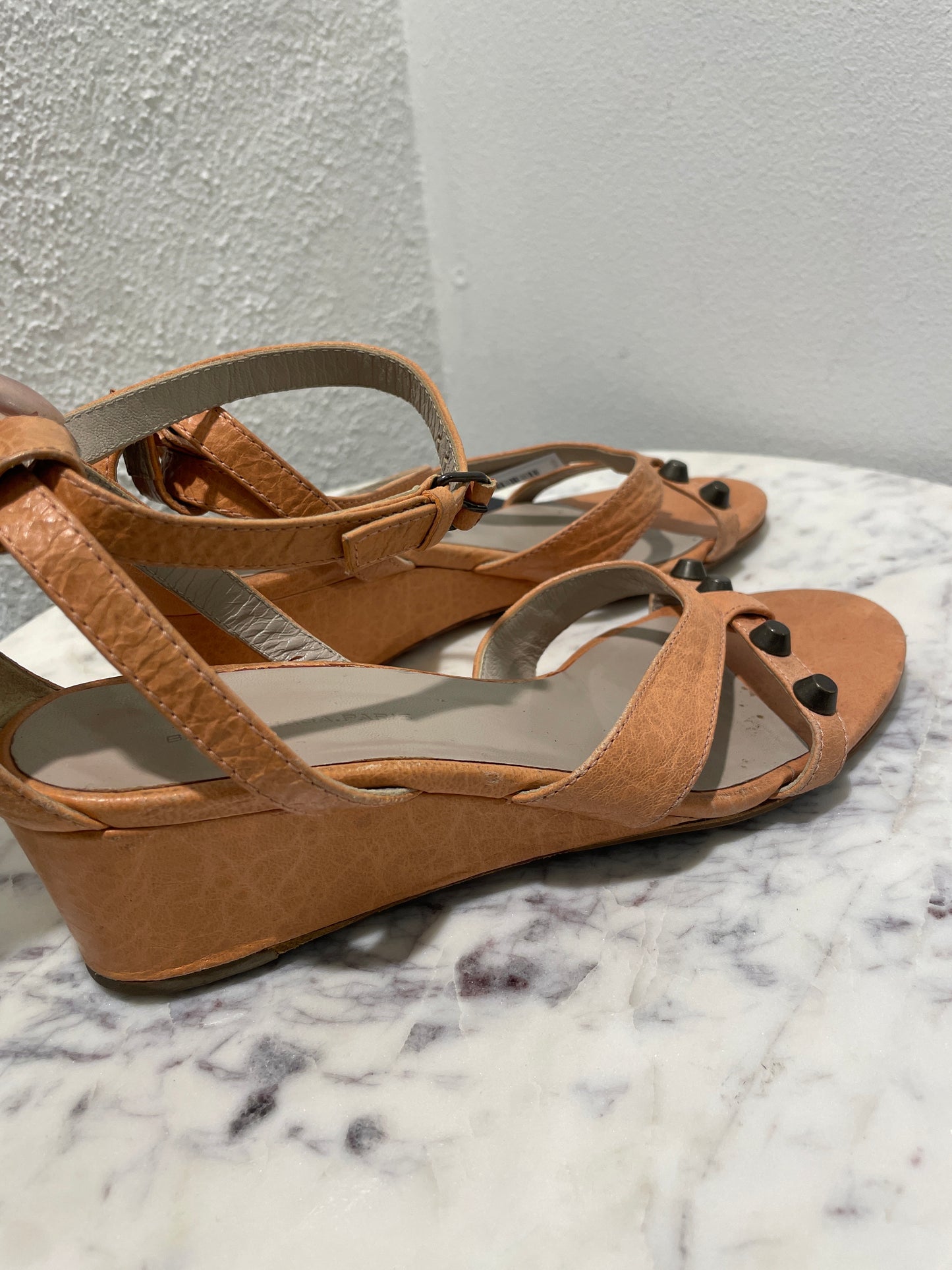 Authentic Balenciaga Arena Leather Giant Studded Wedge Sandals - 37