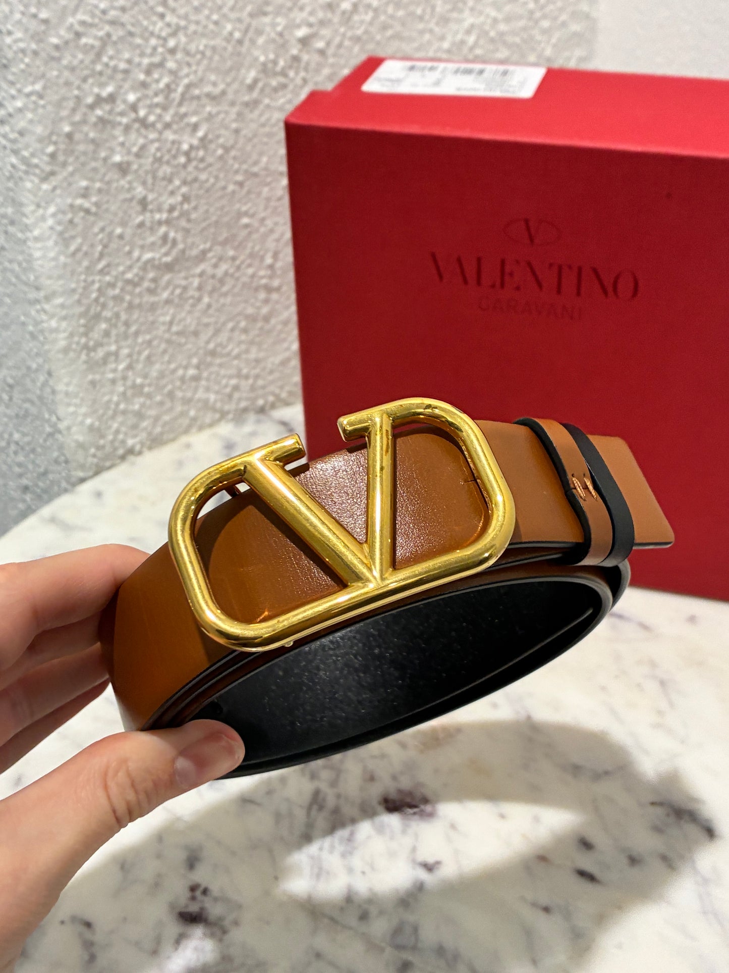 Valentino VLogo Reversible Belt - Black & Brown w. Gold Logo - Size 85